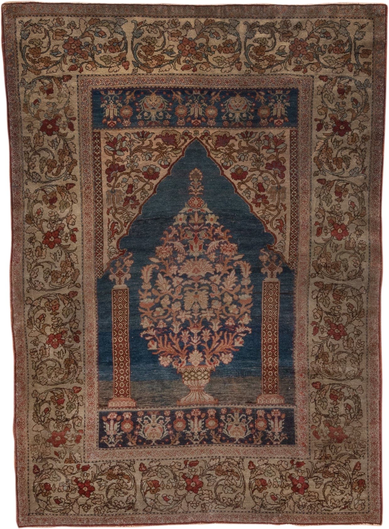 4' x 6' one-of-a-kind handmade antique Kaisary small size rug. Color palette: ivory, navy, rust, camel, rose, brown, slate
