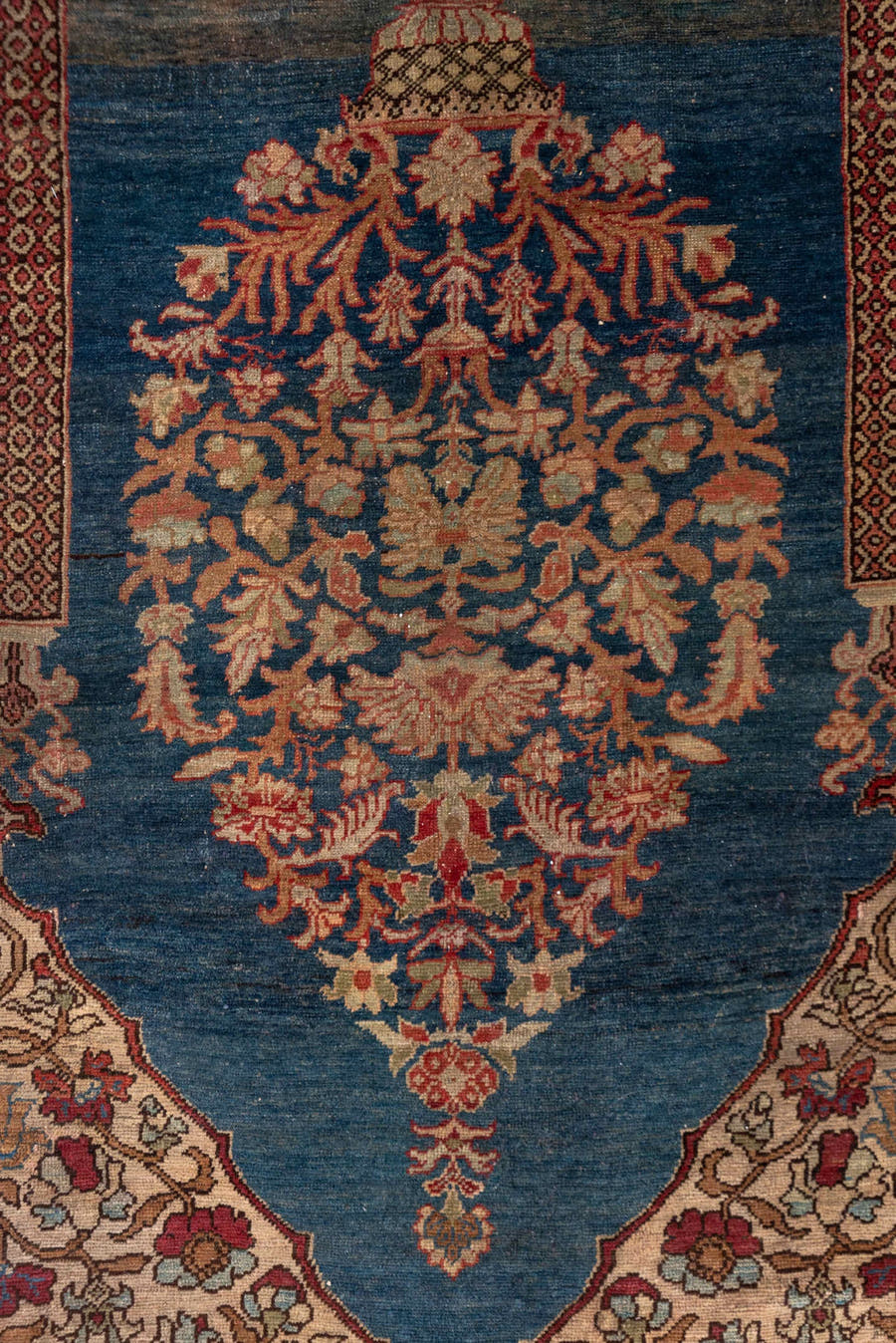 4' x 6' one-of-a-kind handmade antique Kaisary small size rug. Color palette: ivory, navy, rust, camel, rose, brown, slate