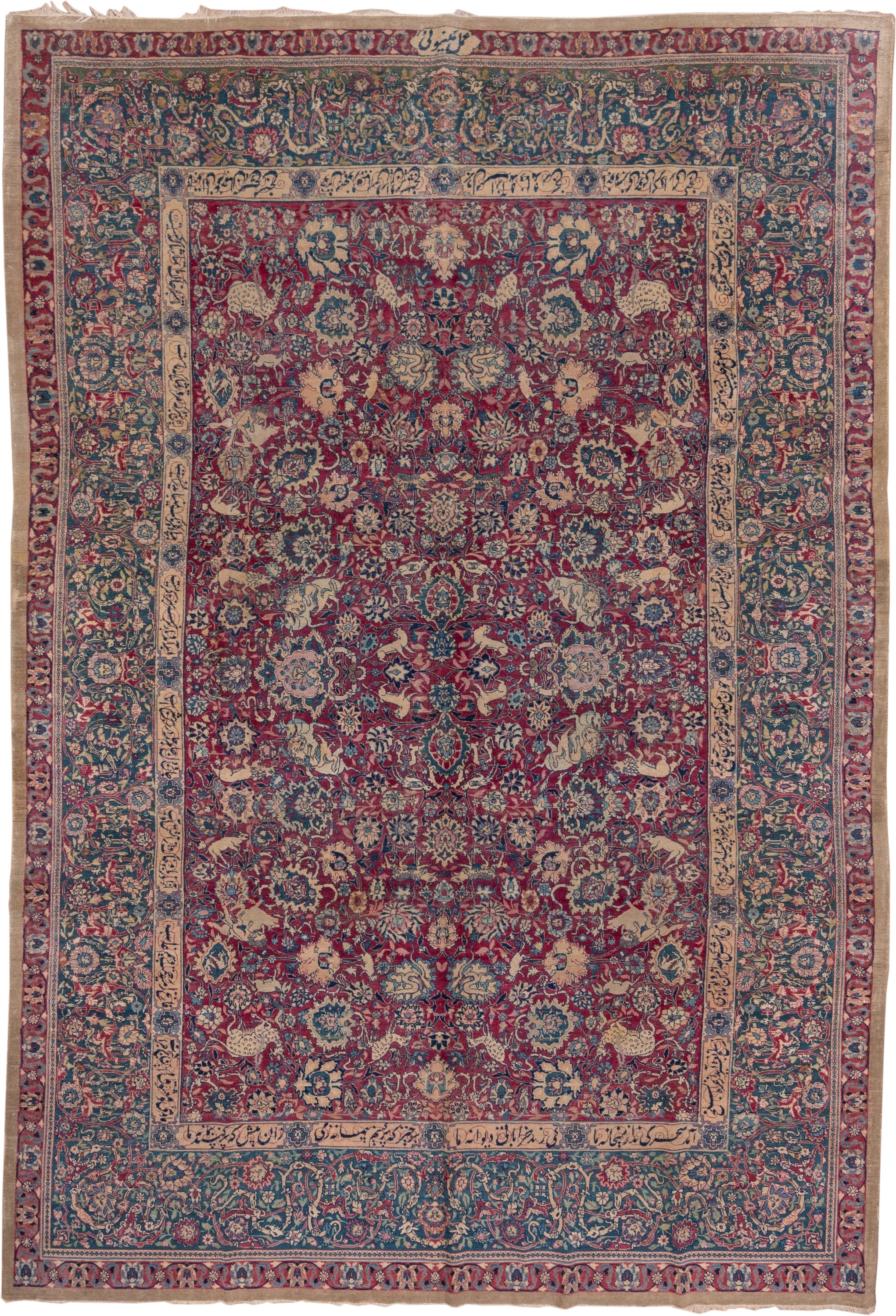 8' x 12' one-of-a-kind handmade antique Tabriz large size rug. Color palette: crimson, navy, ivory, rose, slate, taupe