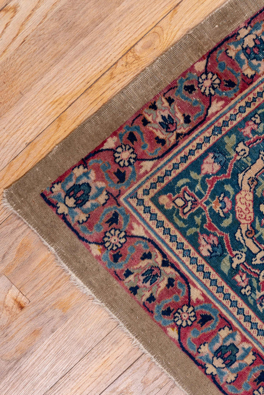 8' x 12' one-of-a-kind handmade antique Tabriz large size rug. Color palette: crimson, navy, ivory, rose, slate, taupe