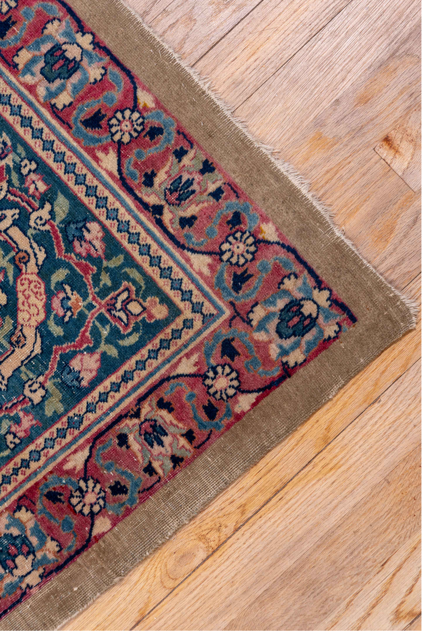 8' x 12' one-of-a-kind handmade antique Tabriz large size rug. Color palette: crimson, navy, ivory, rose, slate, taupe