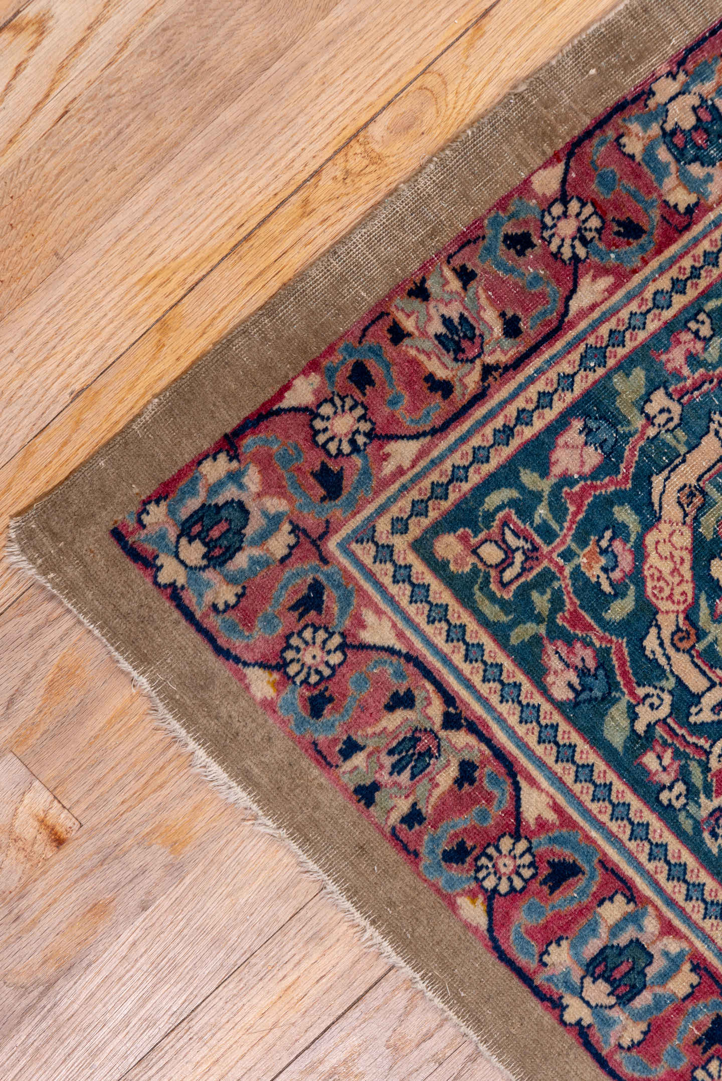 8' x 12' one-of-a-kind handmade antique Tabriz large size rug. Color palette: crimson, navy, ivory, rose, slate, taupe