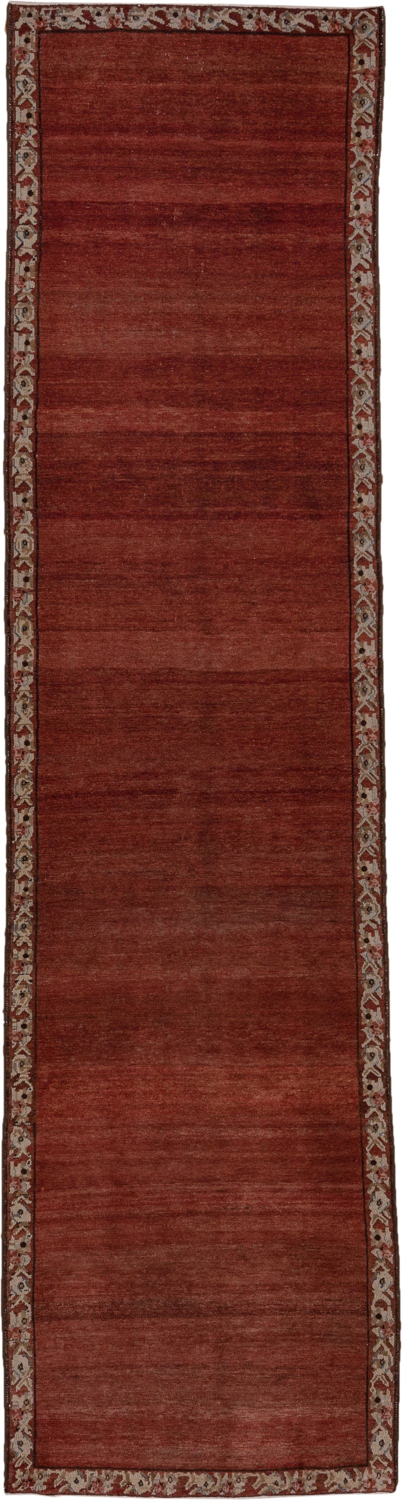 3' x 13' one-of-a-kind handmade antique Baktiary runner rug. Color palette: rust, terra cotta, ivory, brown, camel