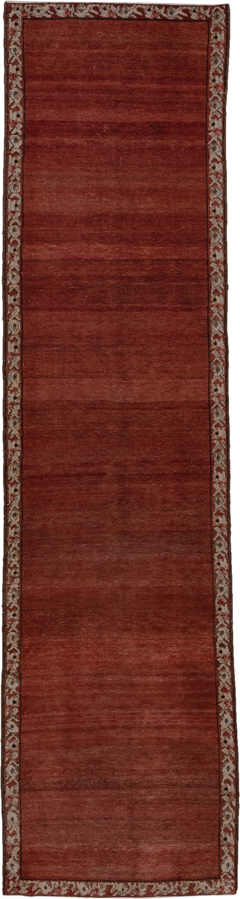3' x 13' one-of-a-kind handmade antique Baktiary runner rug. Color palette: rust, terra cotta, ivory, brown, camel