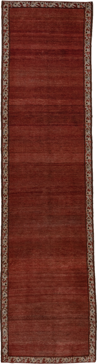 3' x 13' one-of-a-kind handmade vintage Baktiary runner rug. Color palette: brown, off-white, pink, red, snow, white