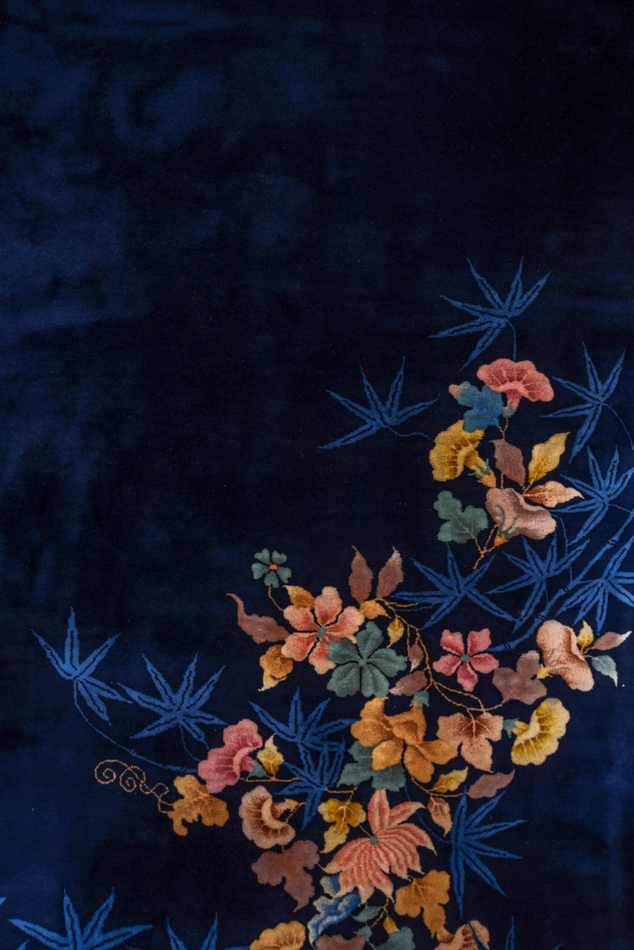 9' x 13' one-of-a-kind handmade vintage Chinese large size rug. Color palette: navy, powder_blue, blush, gold, sage, ivory