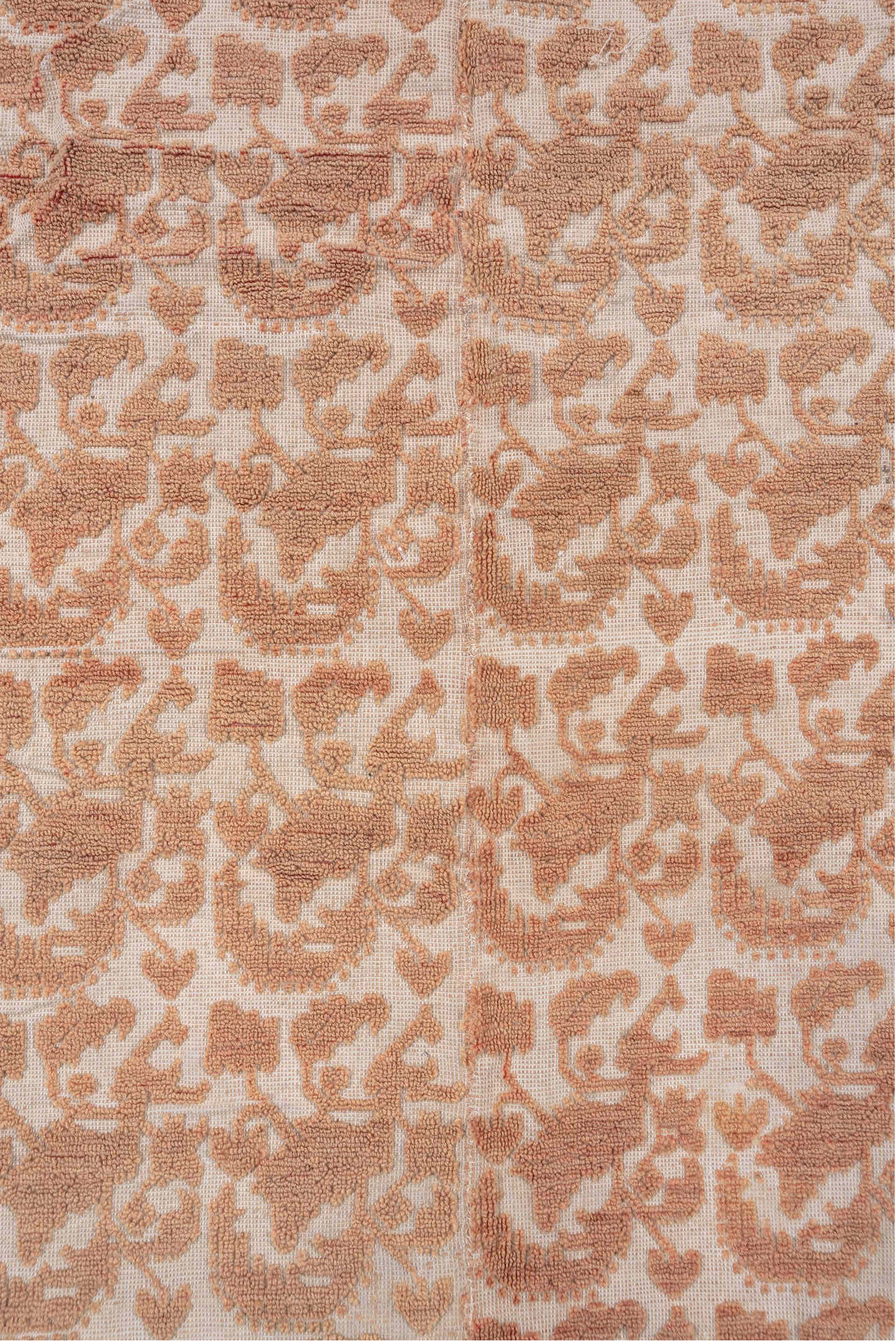 6' x 7' one-of-a-kind handmade antique Spanish rug. Color palette: ivory, rose, taupe, blush, camel, pink, red, beige, gray