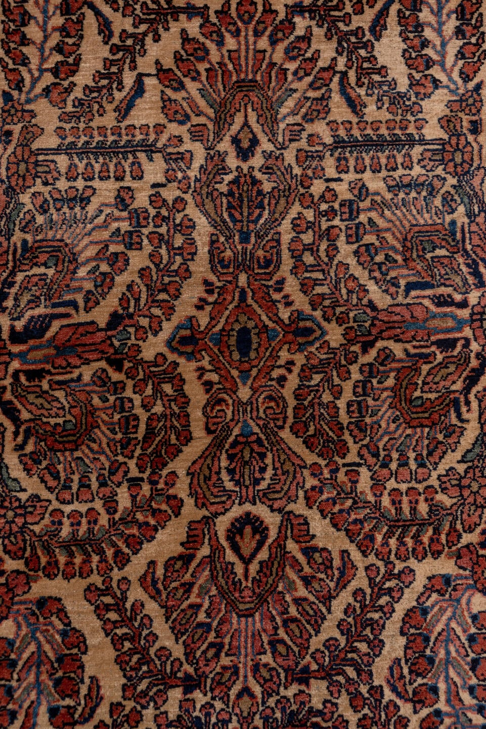 2' x 10' one-of-a-kind handmade antique Sarouk runner rug. Color palette: ivory, navy, rust, camel, burgundy, blue
