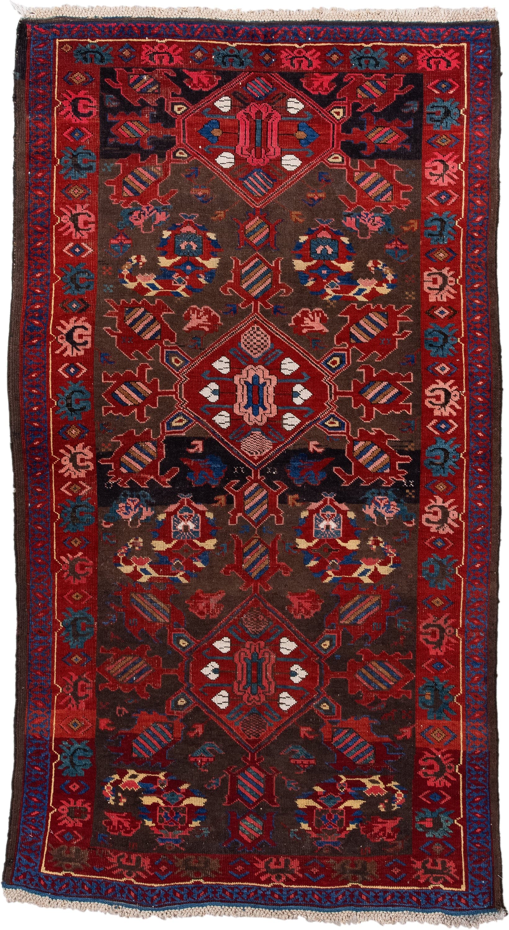 3' x 6' one-of-a-kind handmade vintage Zeichur small size rug. Color palette: brown, red, blue, crimson, ivory, pink