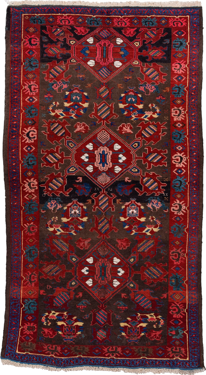 3' x 6' one-of-a-kind handmade vintage Zeichur small size rug. Color palette: blue, brown, burlywood, gray, indian red