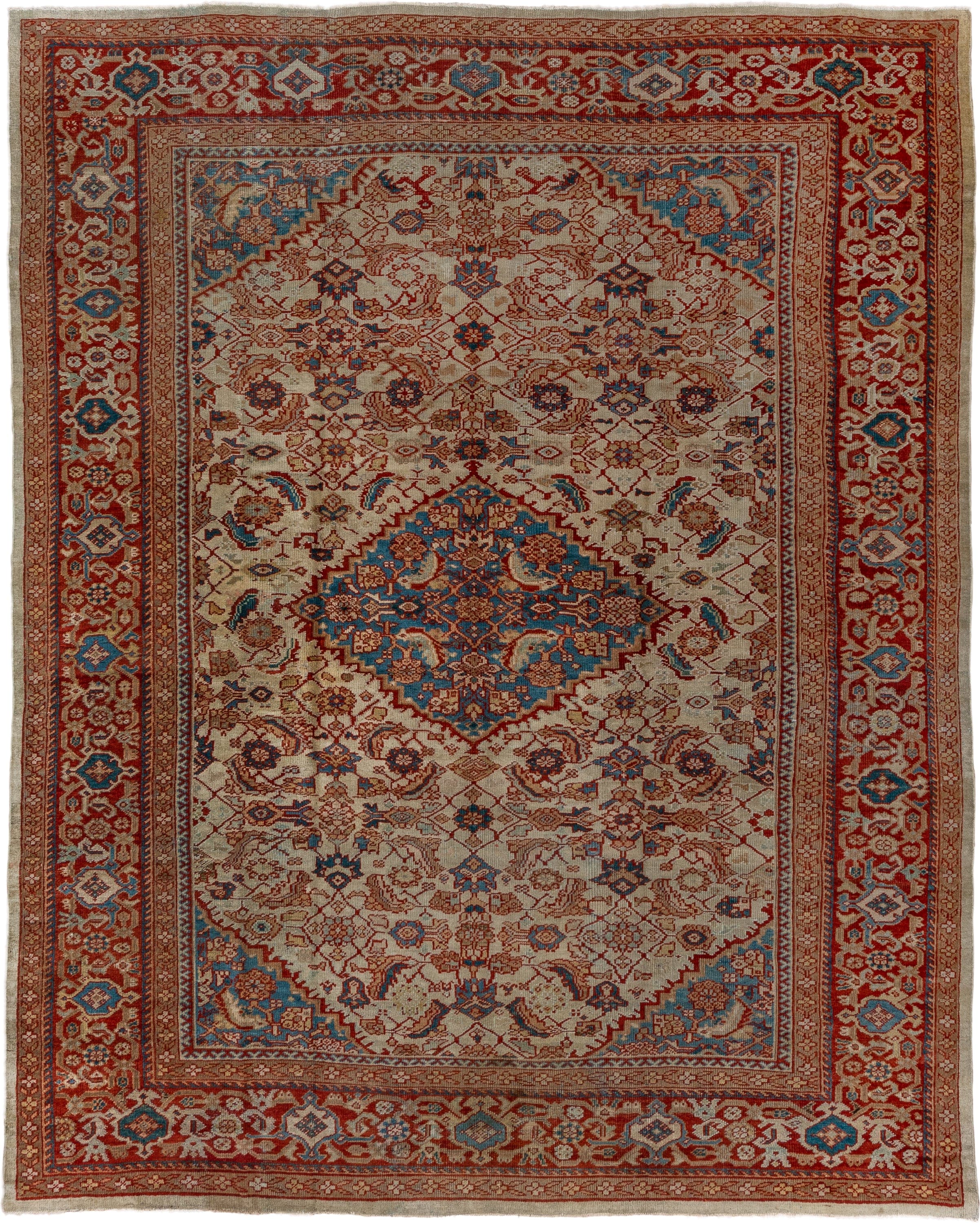 8' x 10' one-of-a-kind handmade antique Sultanabad large size rug. Color palette: ivory, rust, sky_blue, brick, camel