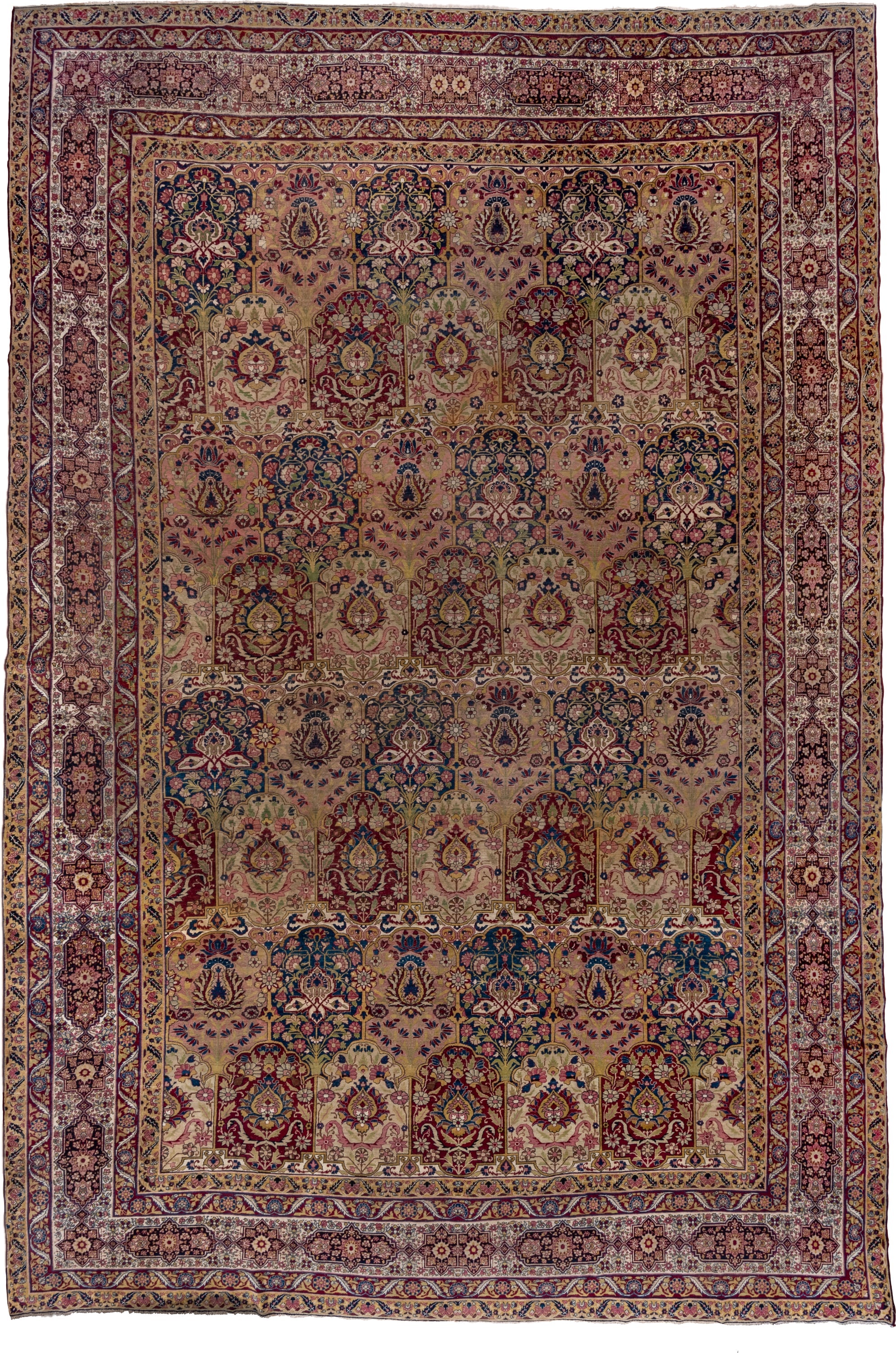 11' x 17' one-of-a-kind handmade antique Lavar oversize rug. Color palette: camel, burgundy, navy, ivory, rose, gold, sage