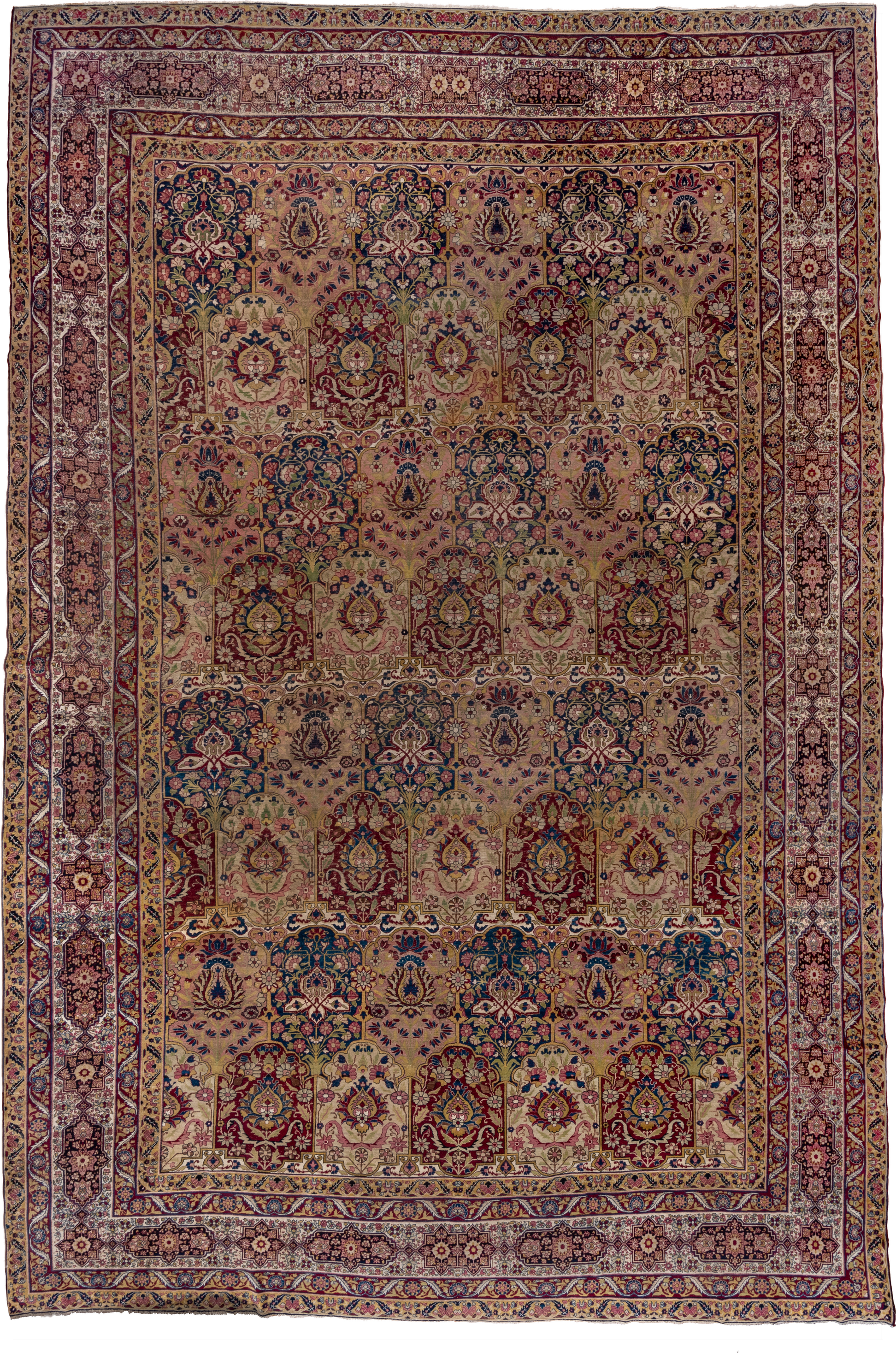 11' x 17' one-of-a-kind handmade antique Lavar oversize rug. Color palette: camel, burgundy, navy, ivory, rose, gold, sage