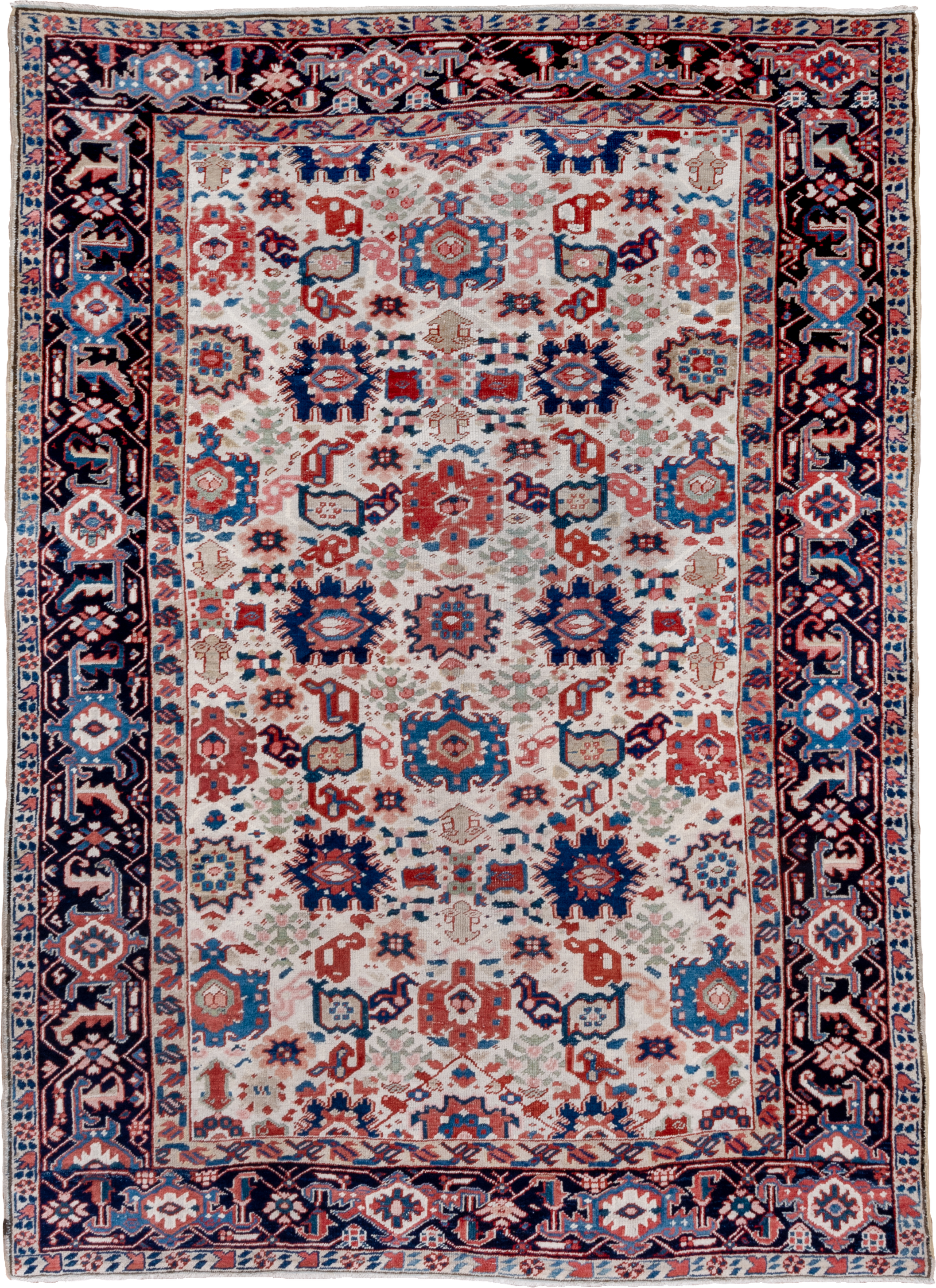 7' x 10' one-of-a-kind handmade antique Heriz large size rug. Color palette: ivory, navy, sky blue, rust, blush, crimson