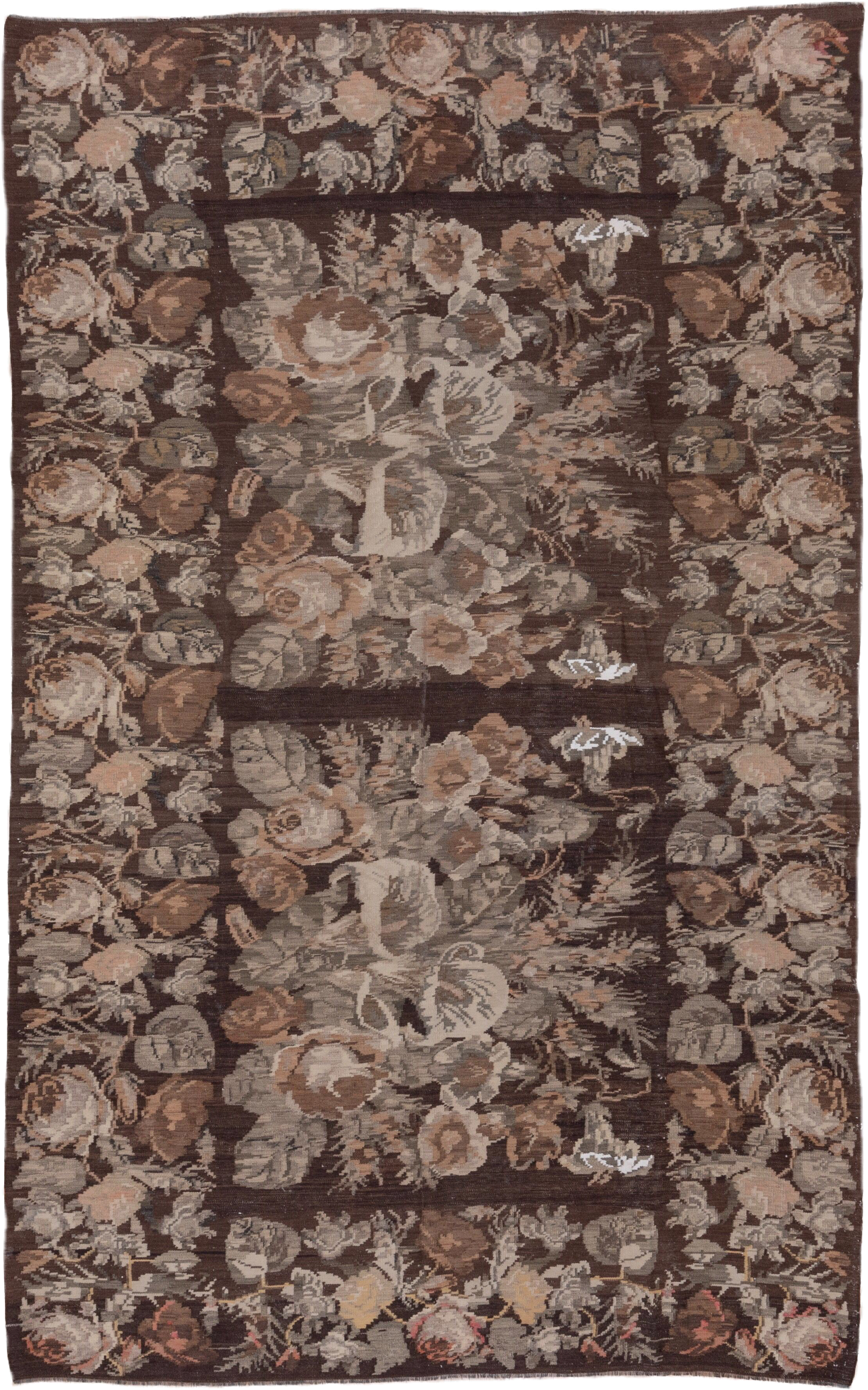 7' x 12' one-of-a-kind handmade antique Kilim large size rug. Color palette: brown, taupe, gray, ivory, rose, camel, beige