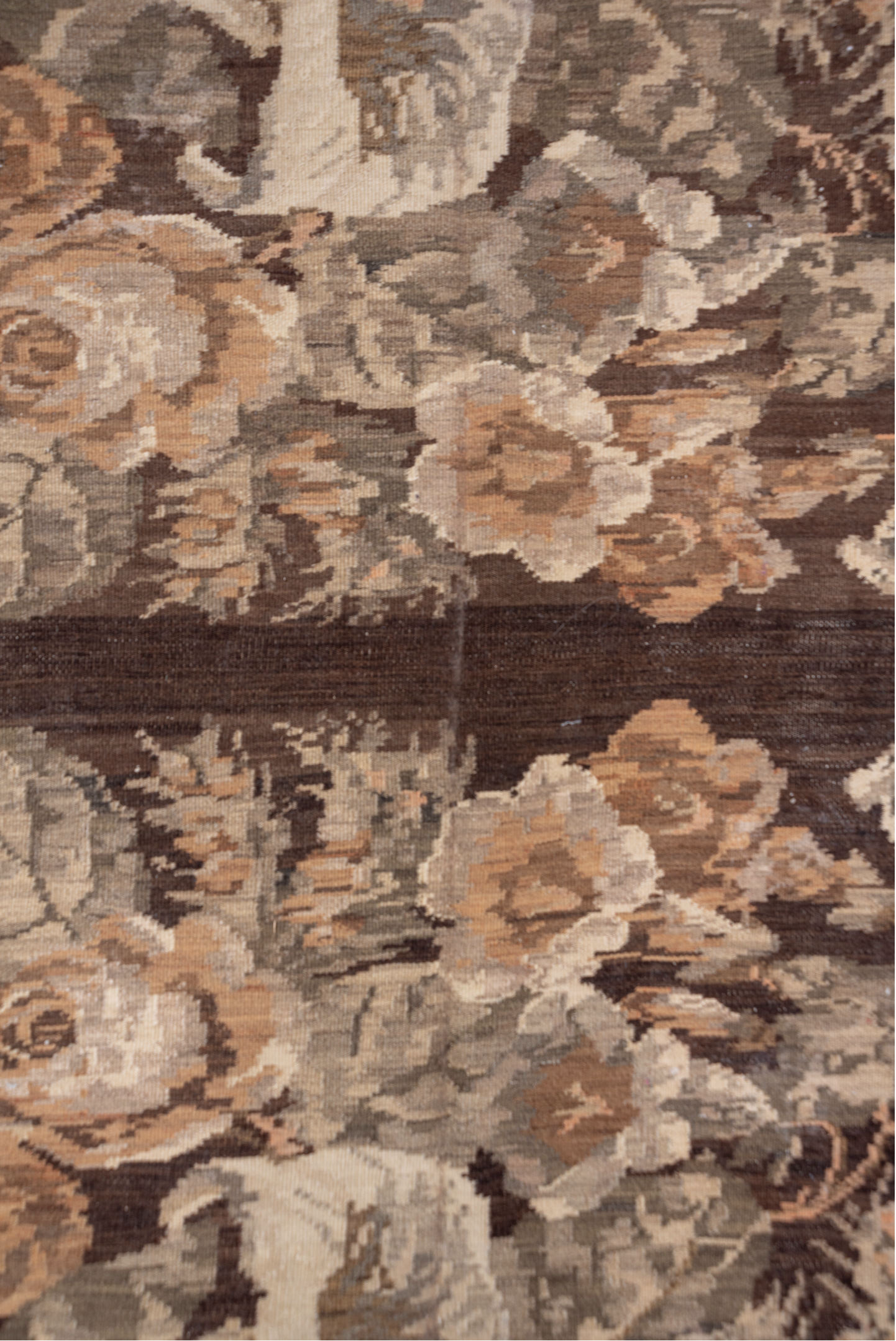 7' x 12' one-of-a-kind handmade antique Kilim large size rug. Color palette: brown, taupe, gray, ivory, rose, camel, beige