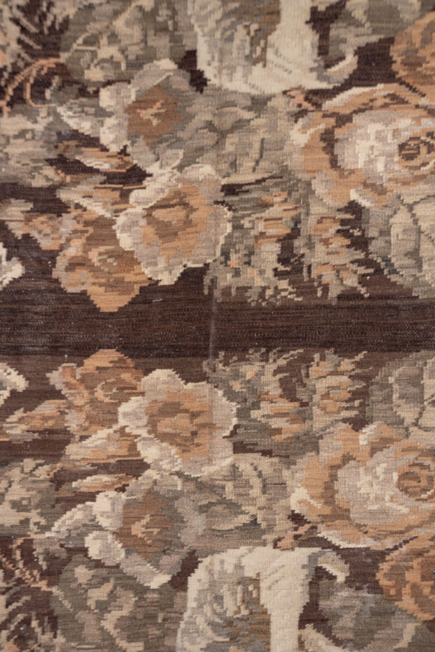 7' x 12' one-of-a-kind handmade antique Kilim large size rug. Color palette: brown, taupe, gray, ivory, rose, camel, beige