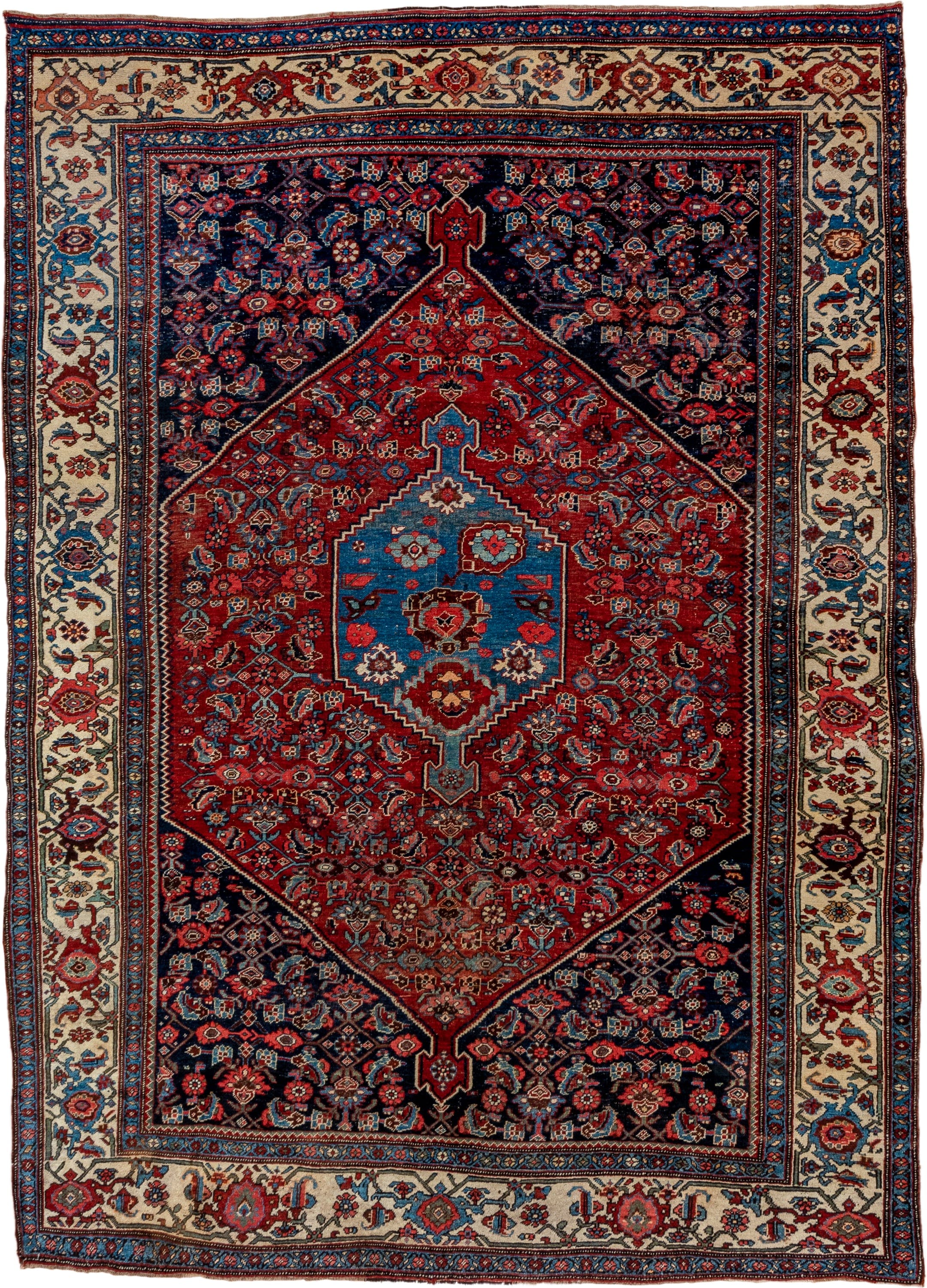 7' x 10' one-of-a-kind handmade antique Bidjar large size rug. Color palette: red, navy, ivory, sky blue, rust, camel