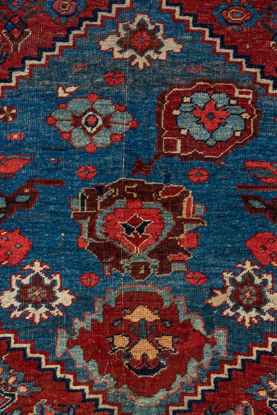 7' x 10' one-of-a-kind handmade antique Bidjar large size rug. Color palette: red, navy, ivory, sky blue, rust, camel