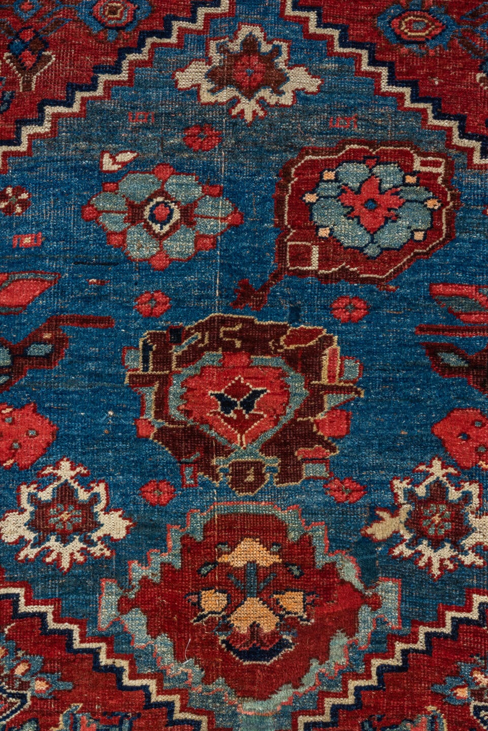 7' x 10' one-of-a-kind handmade antique Bidjar large size rug. Color palette: red, navy, ivory, sky blue, rust, camel