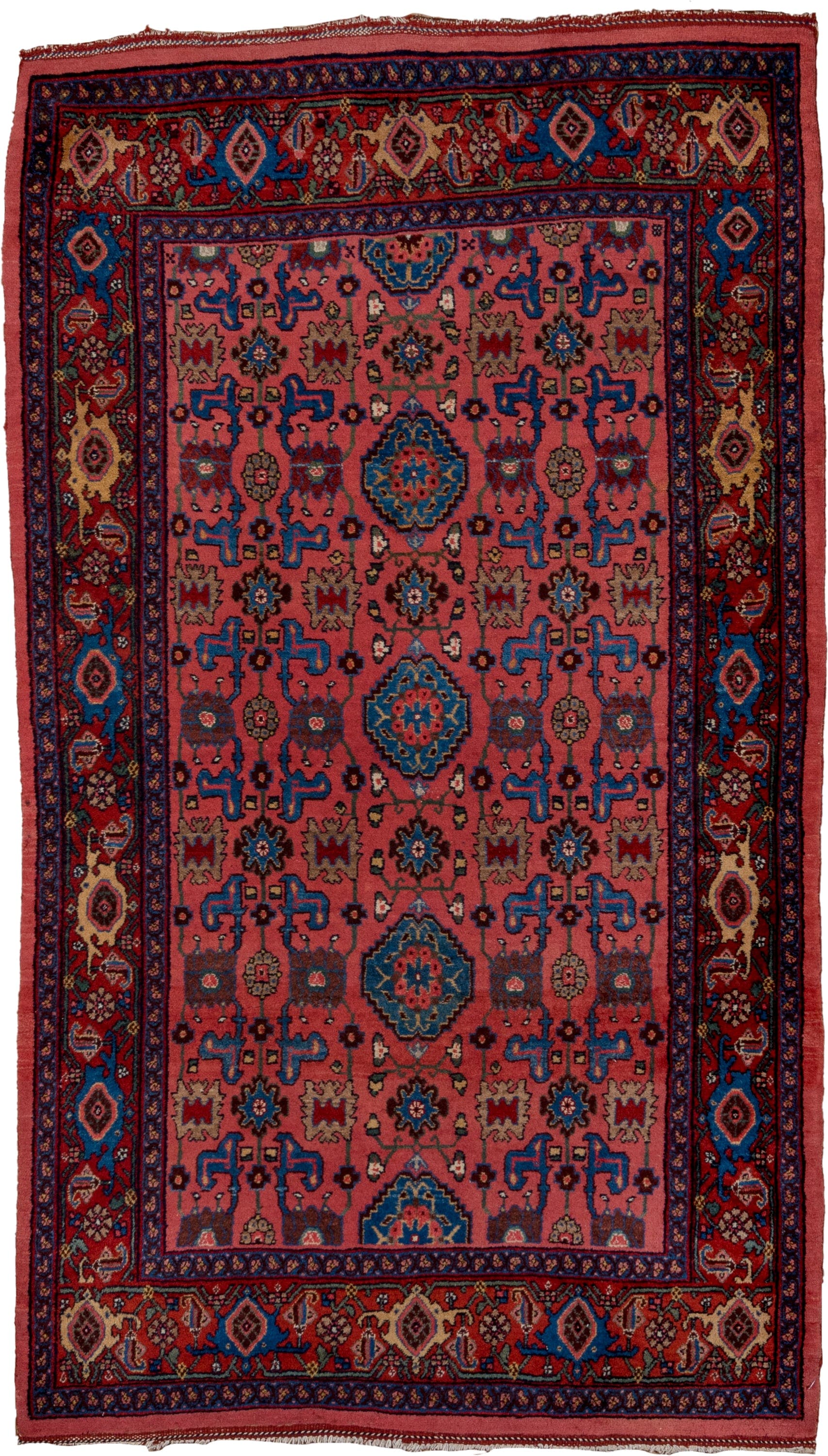 4' x 7' one-of-a-kind handmade antique Bidjar rug. Color palette: rose, crimson, cobalt, navy, ivory, burgundy, camel, pink
