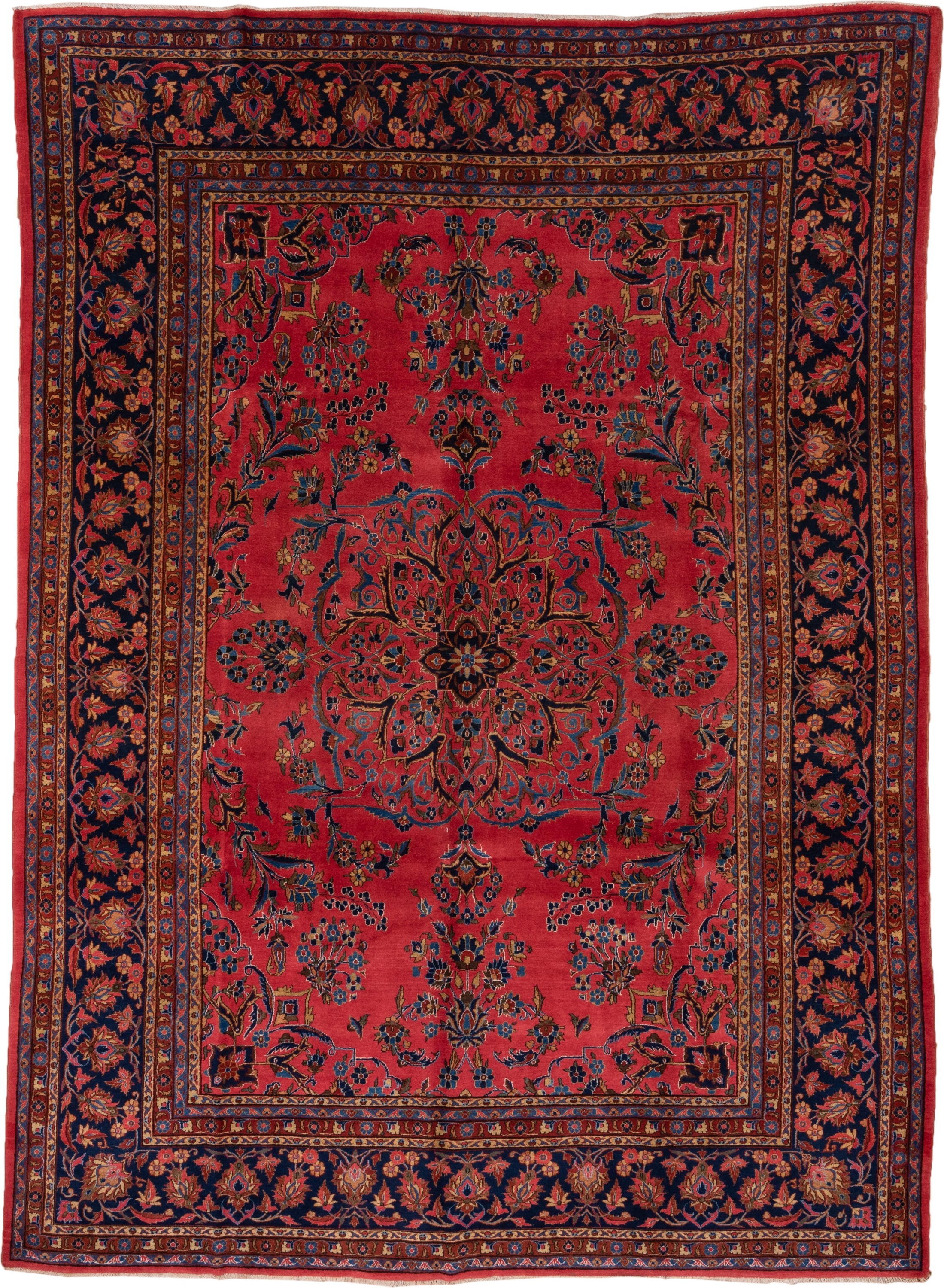 8' x 12' one-of-a-kind handmade antique Kashan large size rug. Color palette: rose, navy, rust, ivory, gold, sky_blue