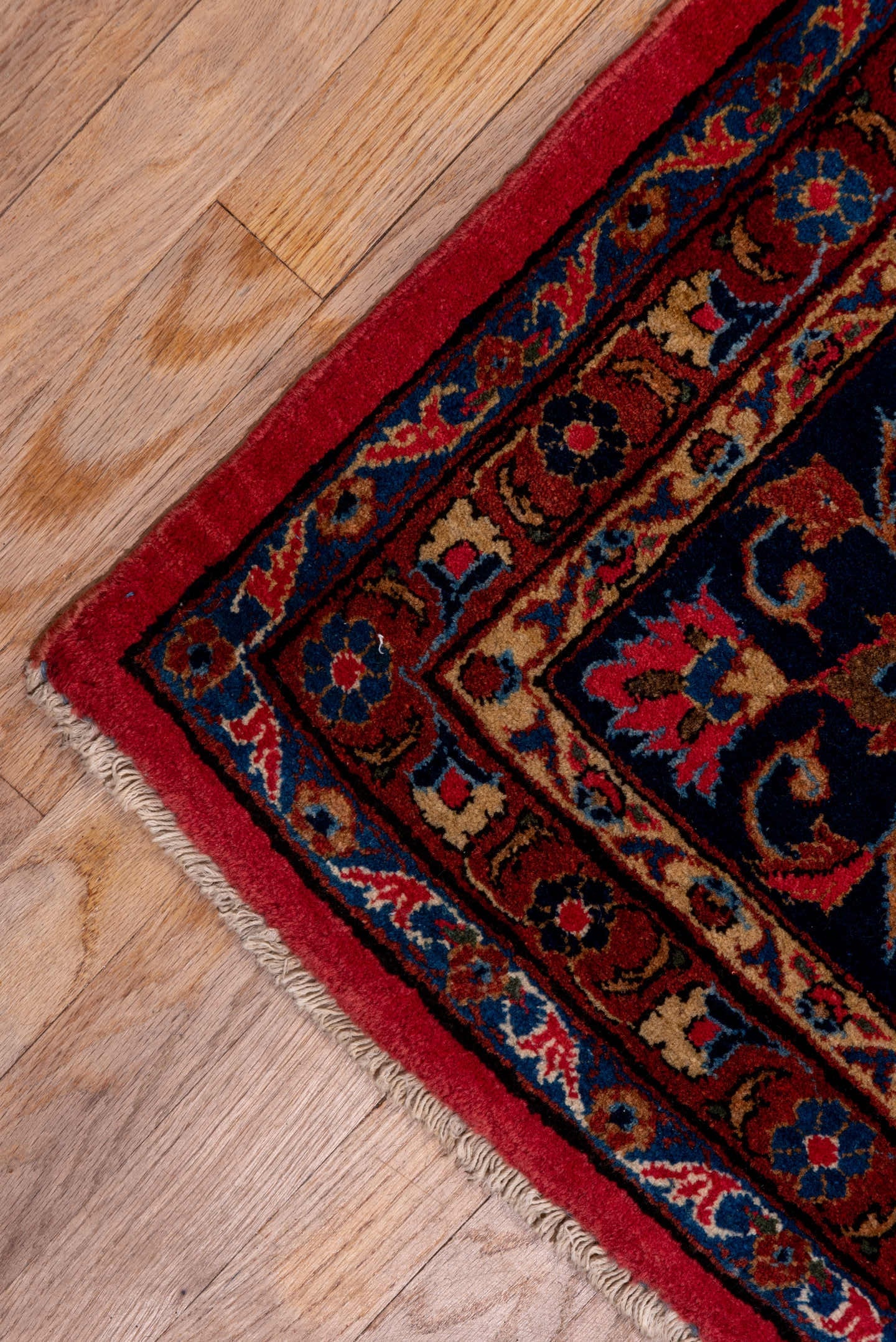 8' x 12' one-of-a-kind handmade antique Kashan large size rug. Color palette: rose, navy, rust, ivory, gold, sky_blue