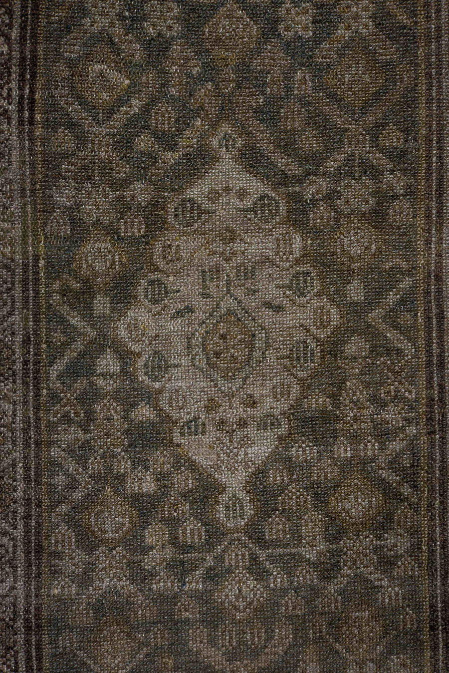 3' x 16' one-of-a-kind handmade antique Malayer runner rug. Color palette: taupe, charcoal, slate, ivory, camel, olive