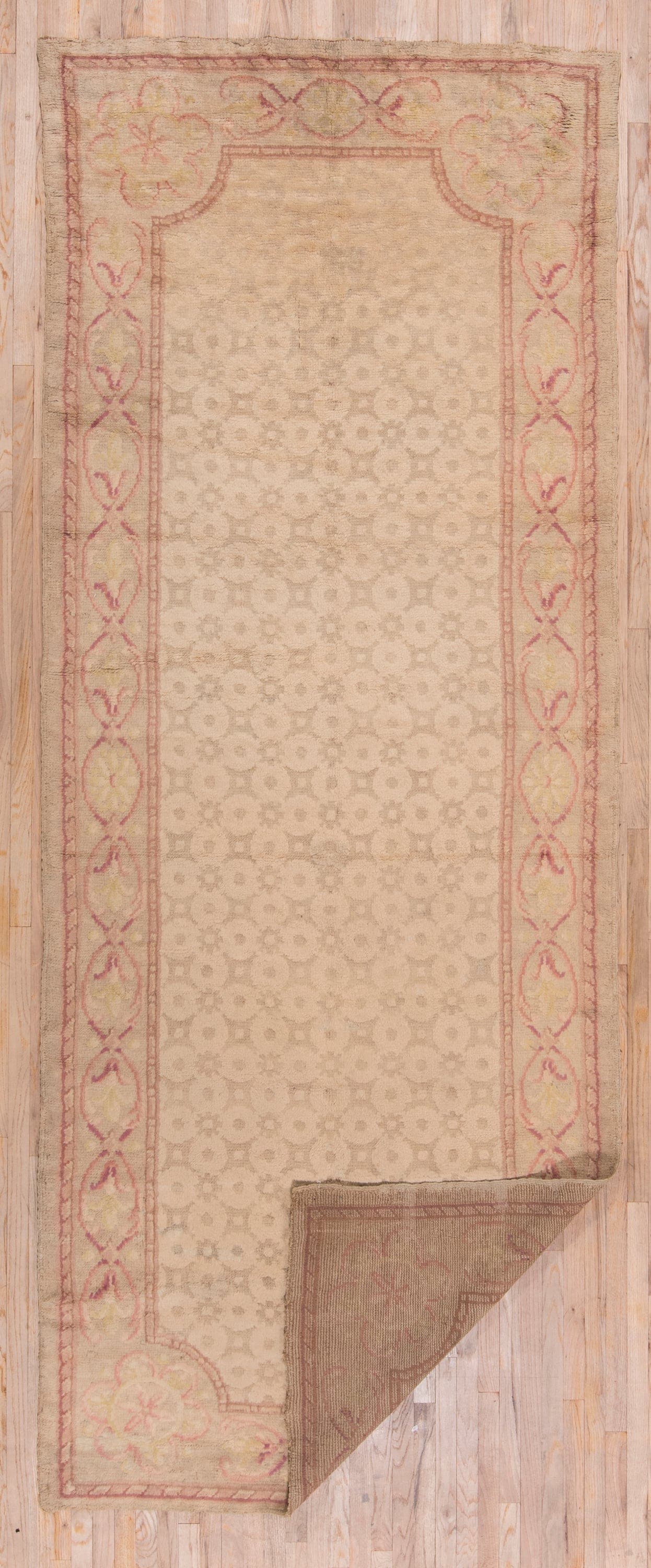 5' x 13' one-of-a-kind handmade antique Savonnerie rug. Color palette: ivory, beige, blush, rose, taupe, pale gold, pink
