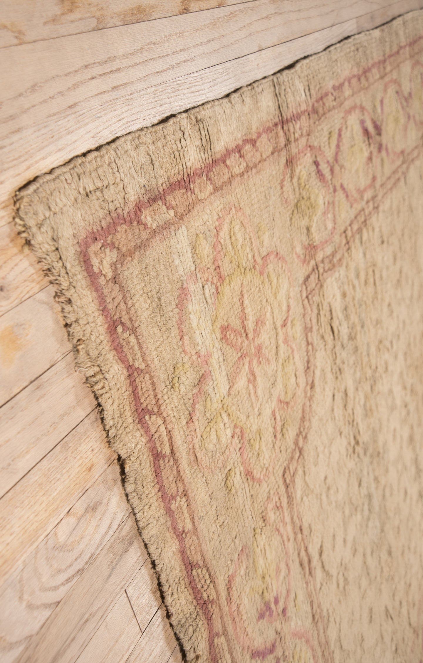 5' x 13' one-of-a-kind handmade antique Savonnerie rug. Color palette: ivory, beige, blush, rose, taupe, pale gold, pink
