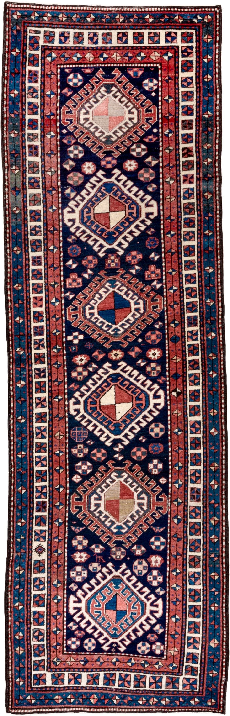 3' x 11' one-of-a-kind handmade antique NW Persian runner rug. Color palette: navy, ivory, rust, indigo, rose, sky_blue