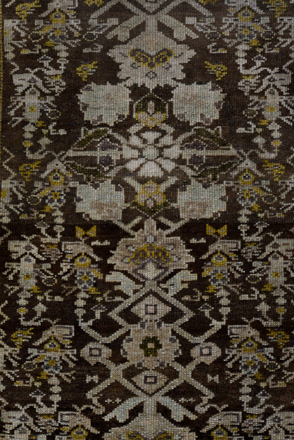 2' x 16' one-of-a-kind handmade antique Malayer runner rug. Color palette: ivory, charcoal, taupe, rust, sage, camel, rose