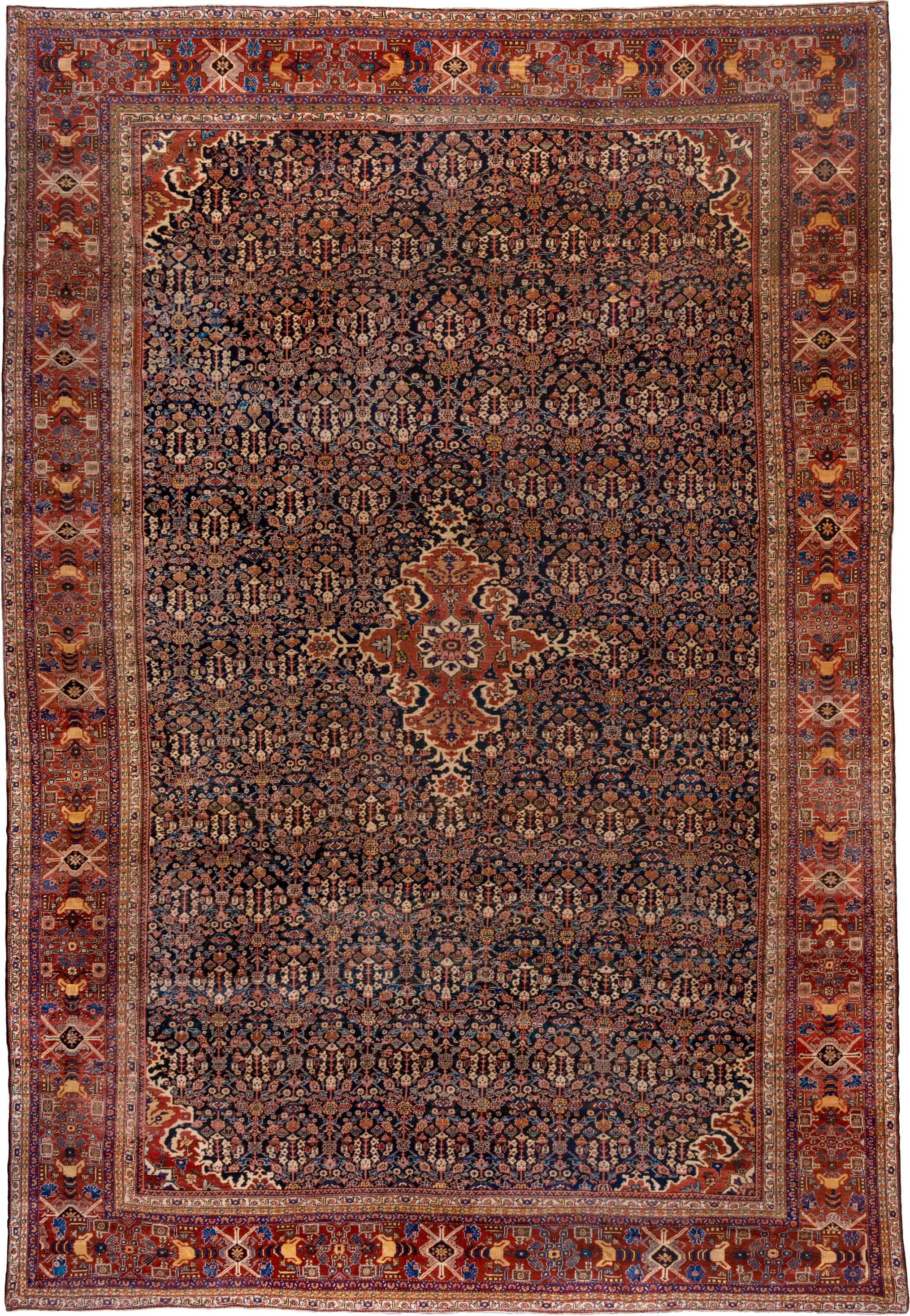 14' x 21' one-of-a-kind handmade antique Sultanabad oversize rug. Color palette: navy, rust, ivory, cobalt, camel