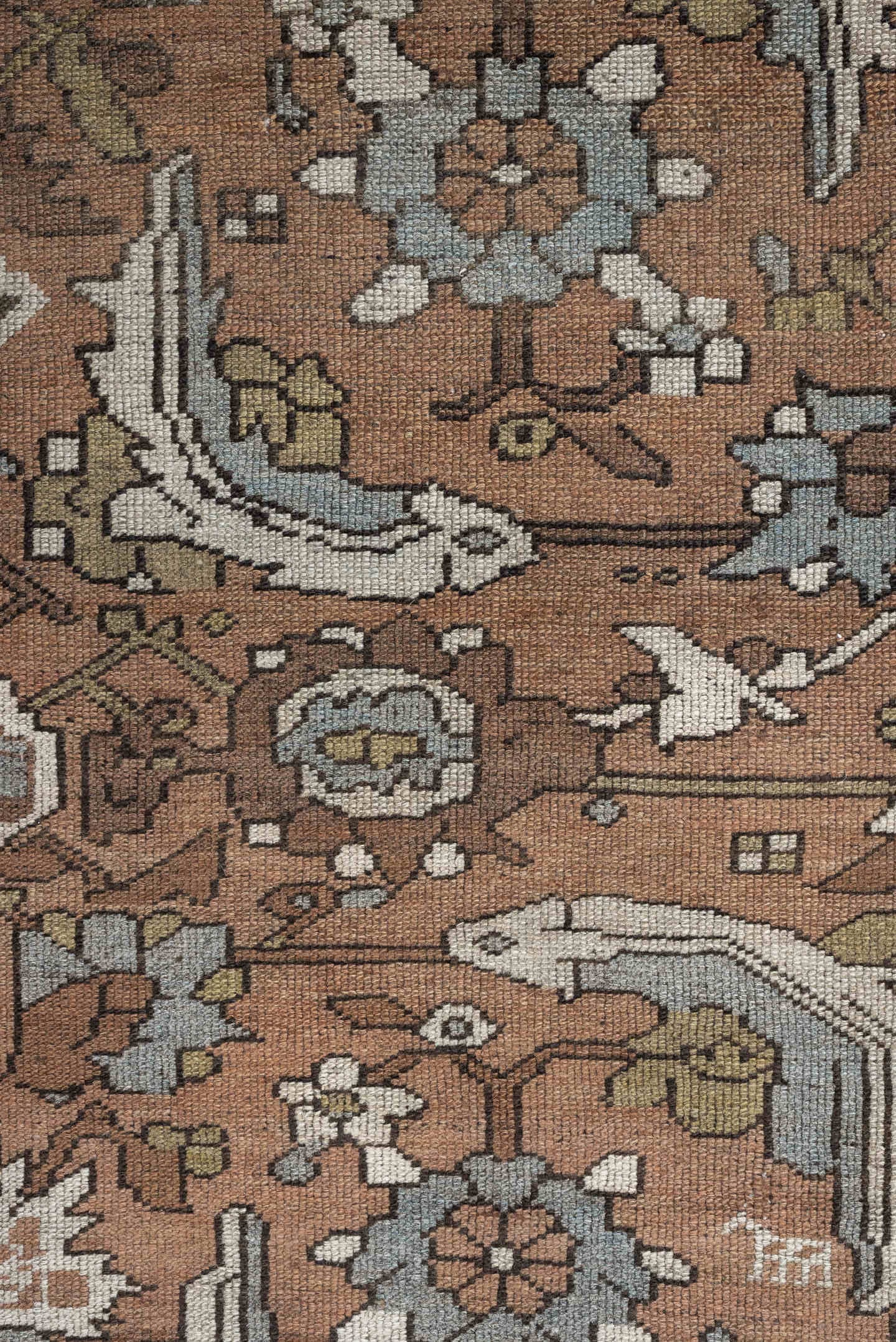 3' x 6' one-of-a-kind handmade antique Kurd rug. Color palette: terra cotta, ivory, sage, slate, camel, charcoal, taupe