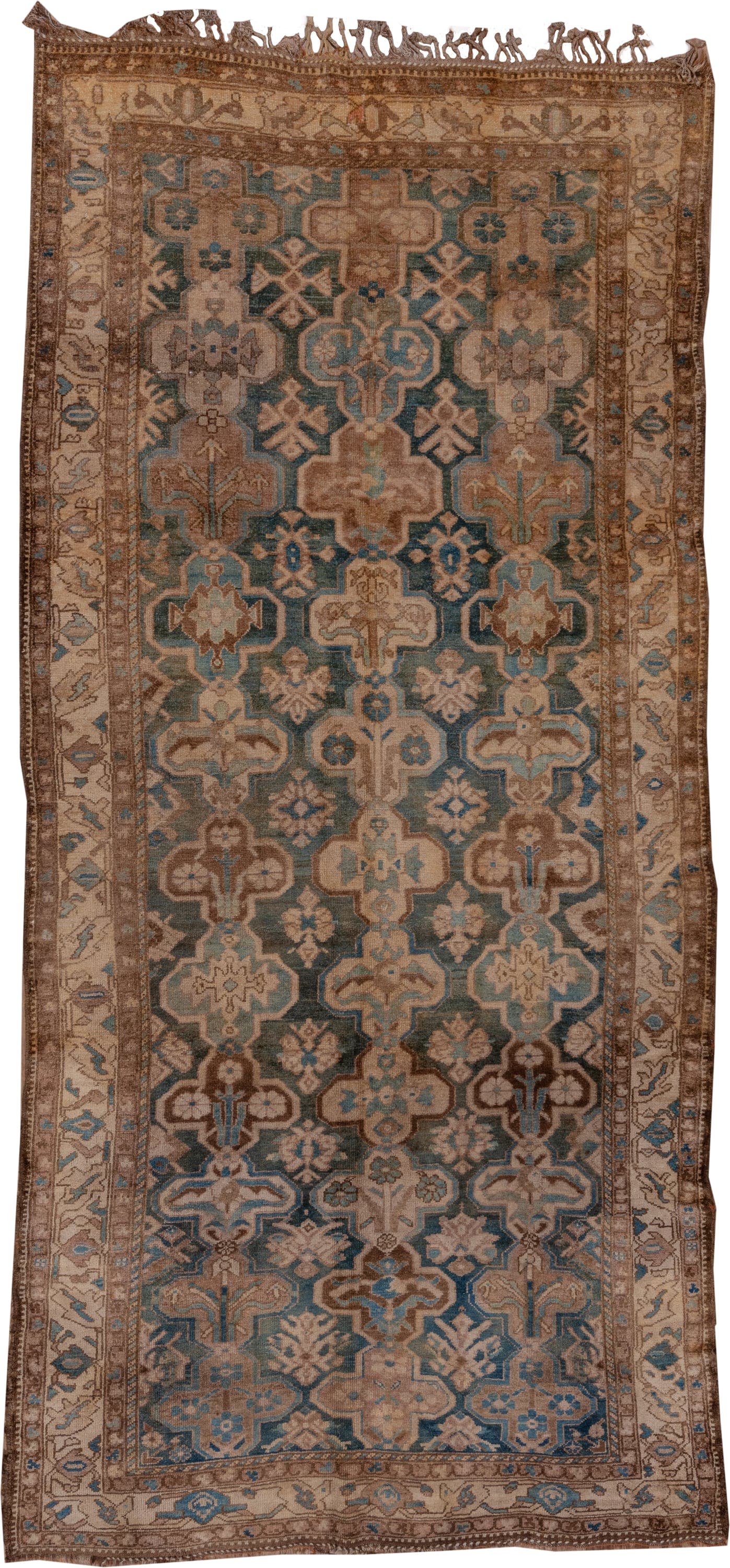 5' x 12' one-of-a-kind handmade antique Baktiary rug. Color palette: camel, taupe, teal, ivory, brown, slate, sky_blue