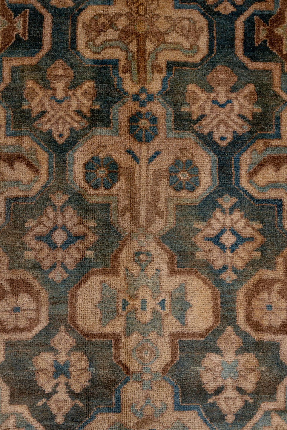 5' x 12' one-of-a-kind handmade antique Baktiary rug. Color palette: camel, taupe, teal, ivory, brown, slate, sky_blue