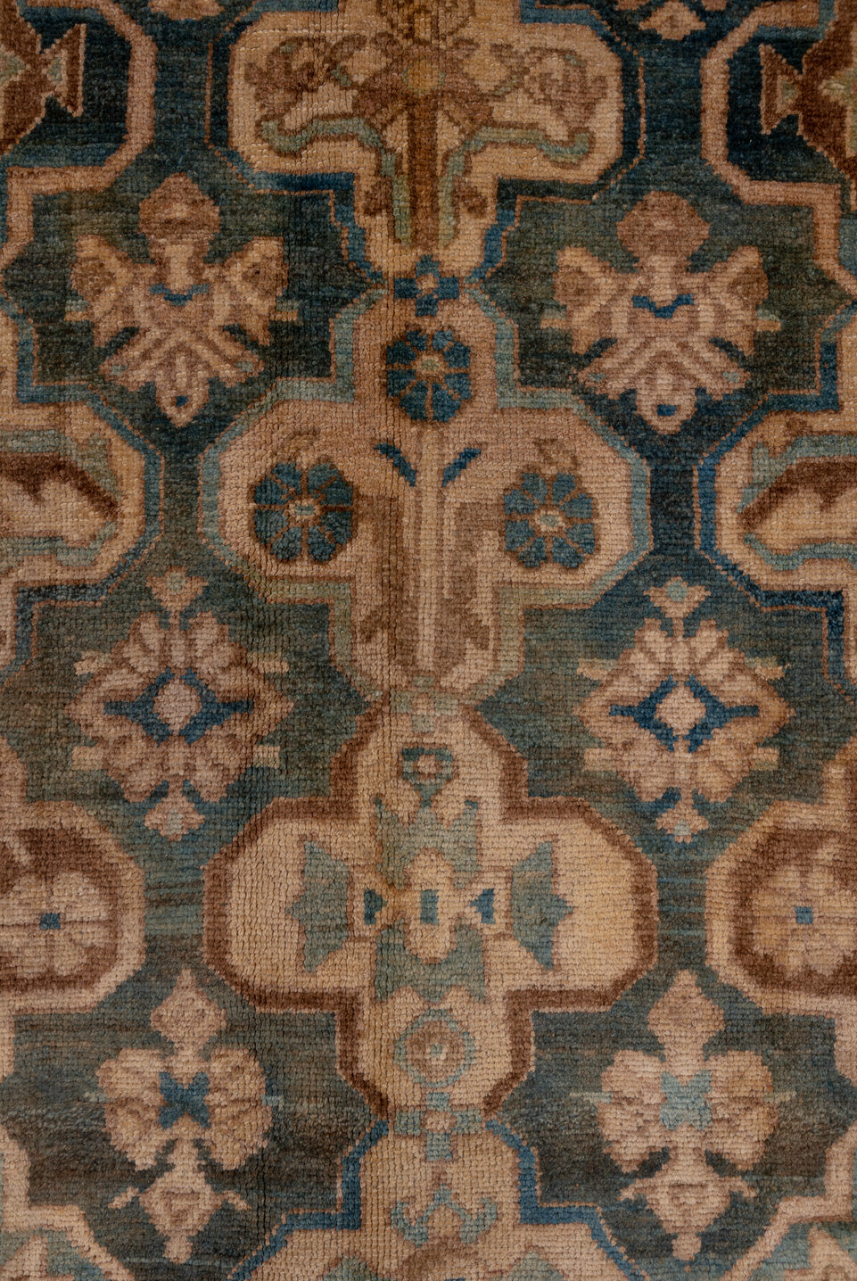 5' x 12' one-of-a-kind handmade vintage Baktiary rug. Color palette: black, blue, brown, charcoal, gray, light gray, pink