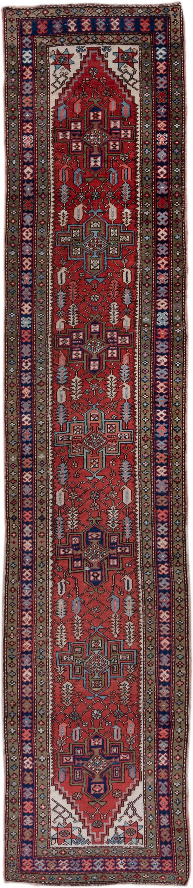 3' x 14' one-of-a-kind handmade antique Heriz runner rug. Color palette: rust, navy, ivory, taupe, slate, rose, charcoal