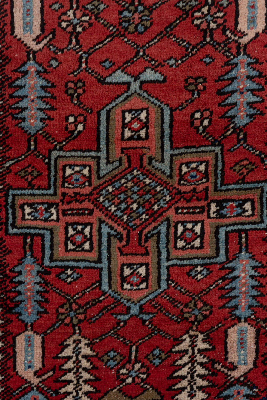 3' x 14' one-of-a-kind handmade antique Heriz runner rug. Color palette: rust, navy, ivory, taupe, slate, rose, charcoal