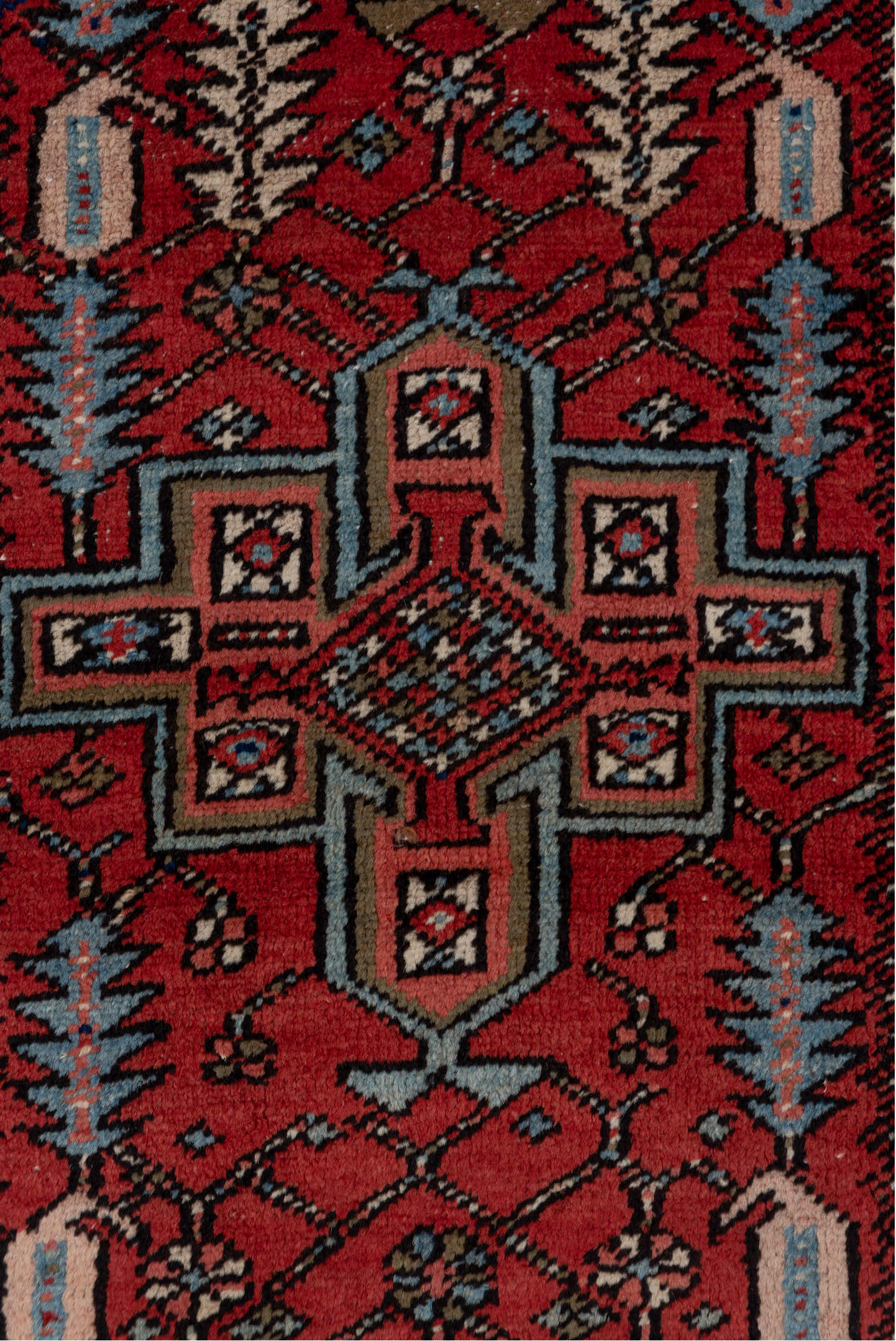 3' x 14' one-of-a-kind handmade antique Heriz runner rug. Color palette: rust, navy, ivory, taupe, slate, rose, charcoal