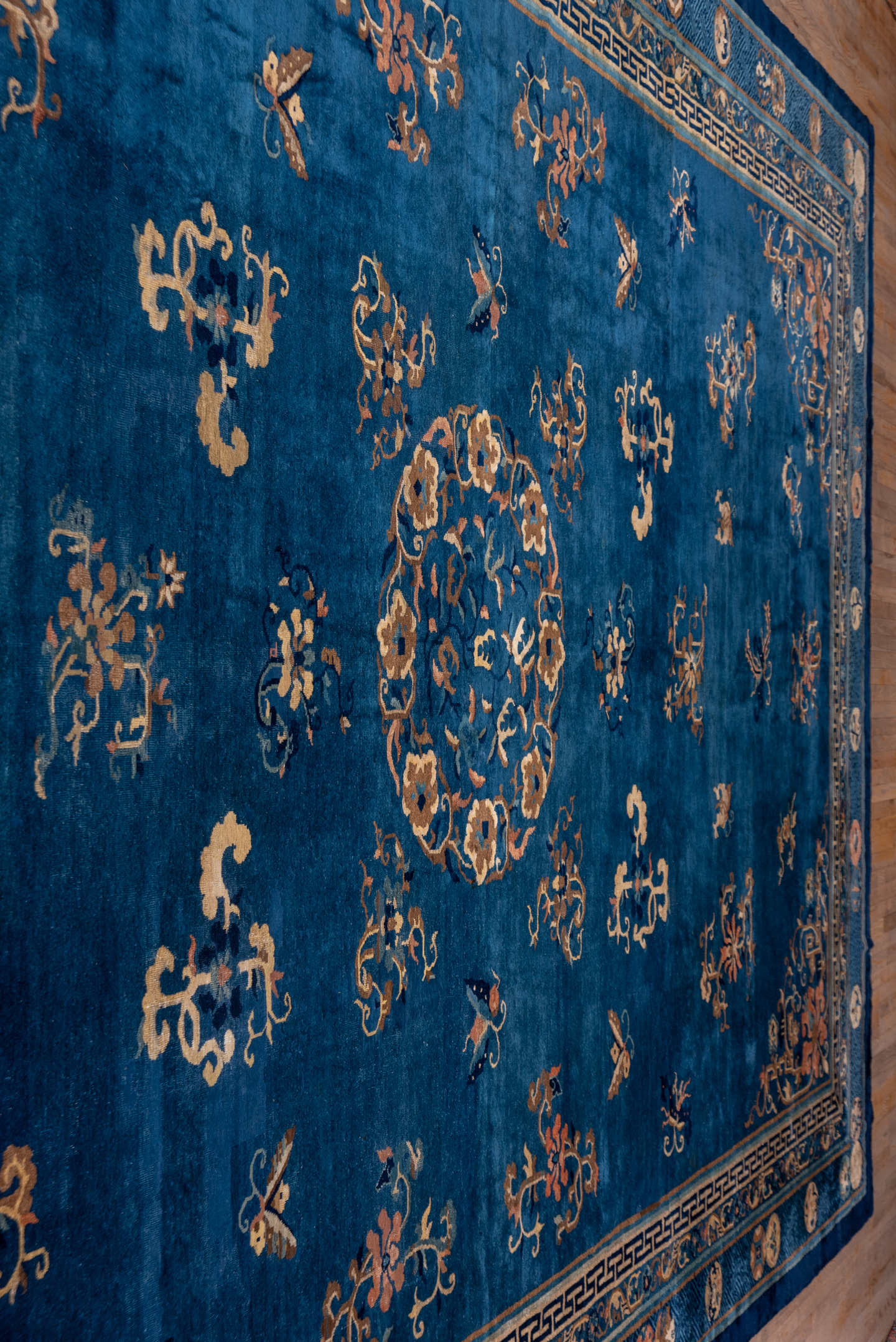 12' x 20' one-of-a-kind handmade antique Chinese oversize rug. Color palette: blue, ivory, camel, navy, taupe, peach, beige
