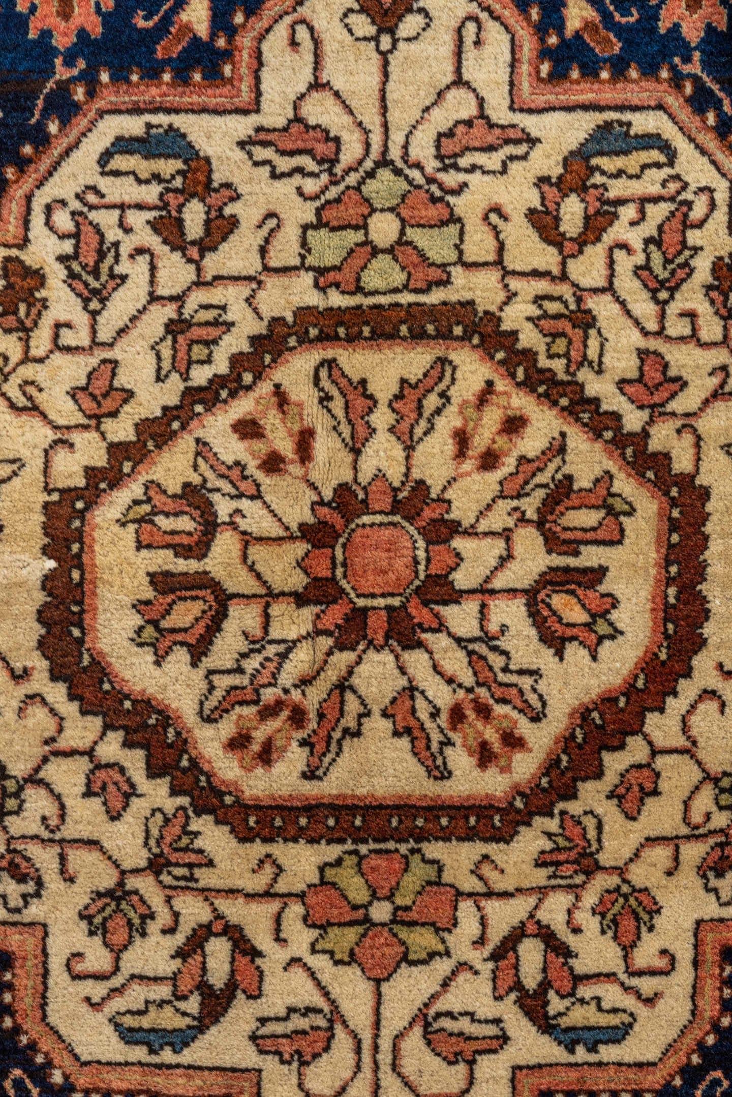 4' x 6' one-of-a-kind handmade antique Malysarouk small size rug. Color palette: navy, ivory, rust, rose, sky_blue, camel