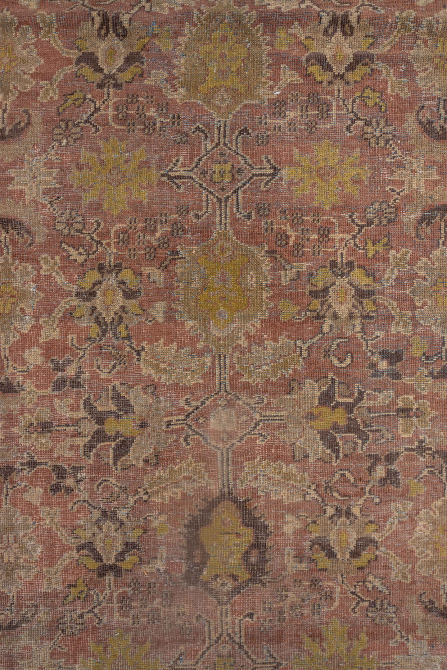 11' x 16' one-of-a-kind handmade antique Mahal oversize rug. Color palette: rose, gold, ivory, taupe, brown, sage