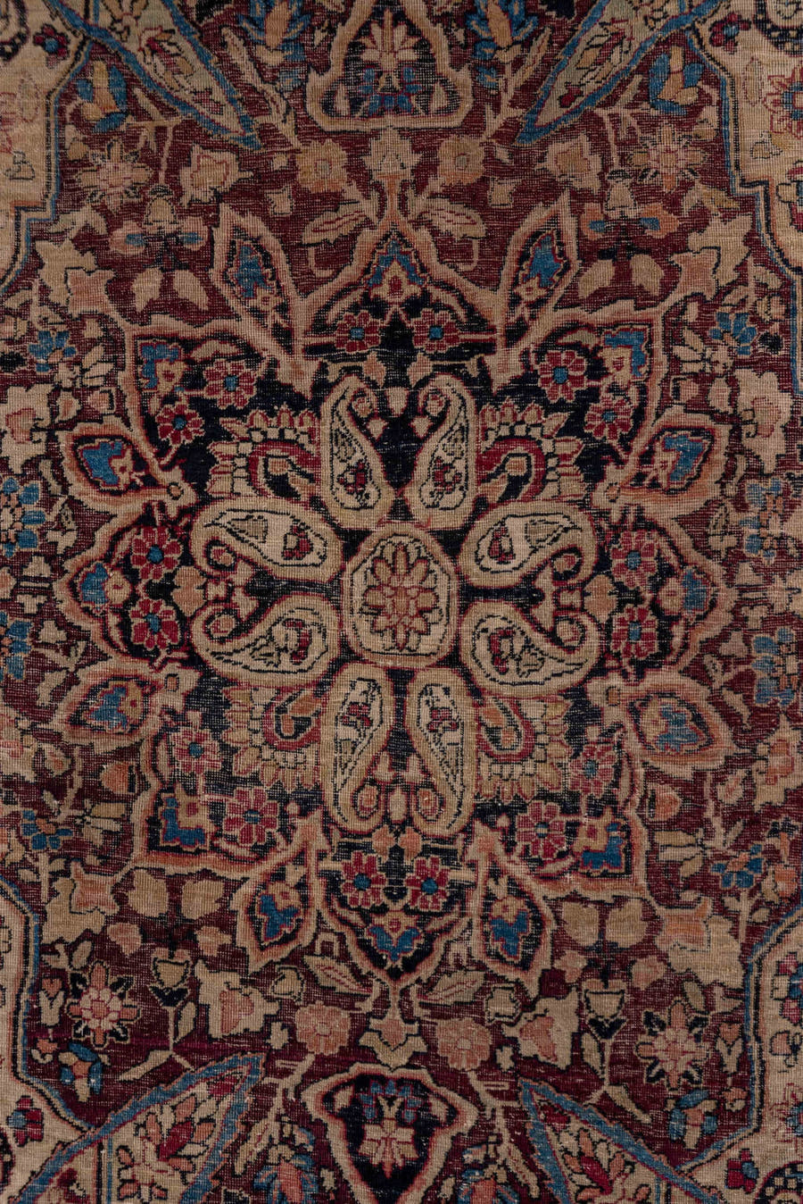 4' x 5' one-of-a-kind handmade antique Lavar small size rug. Color palette: ivory, burgundy, navy, taupe, rose, slate, camel