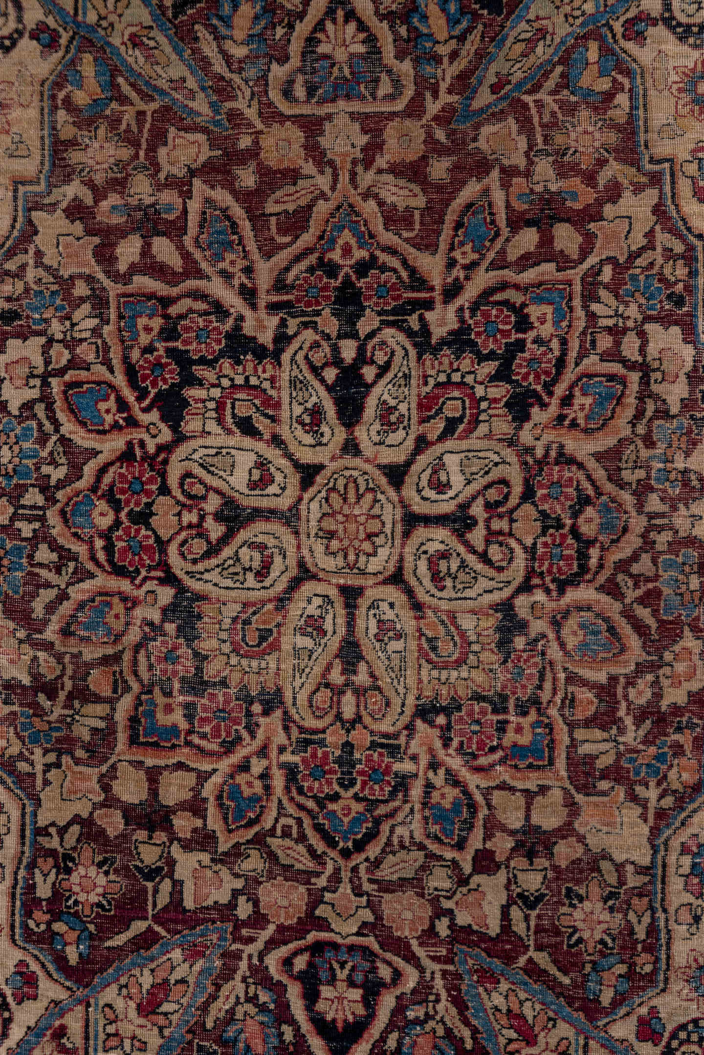 4' x 5' one-of-a-kind handmade antique Lavar small size rug. Color palette: ivory, burgundy, navy, taupe, rose, slate, camel