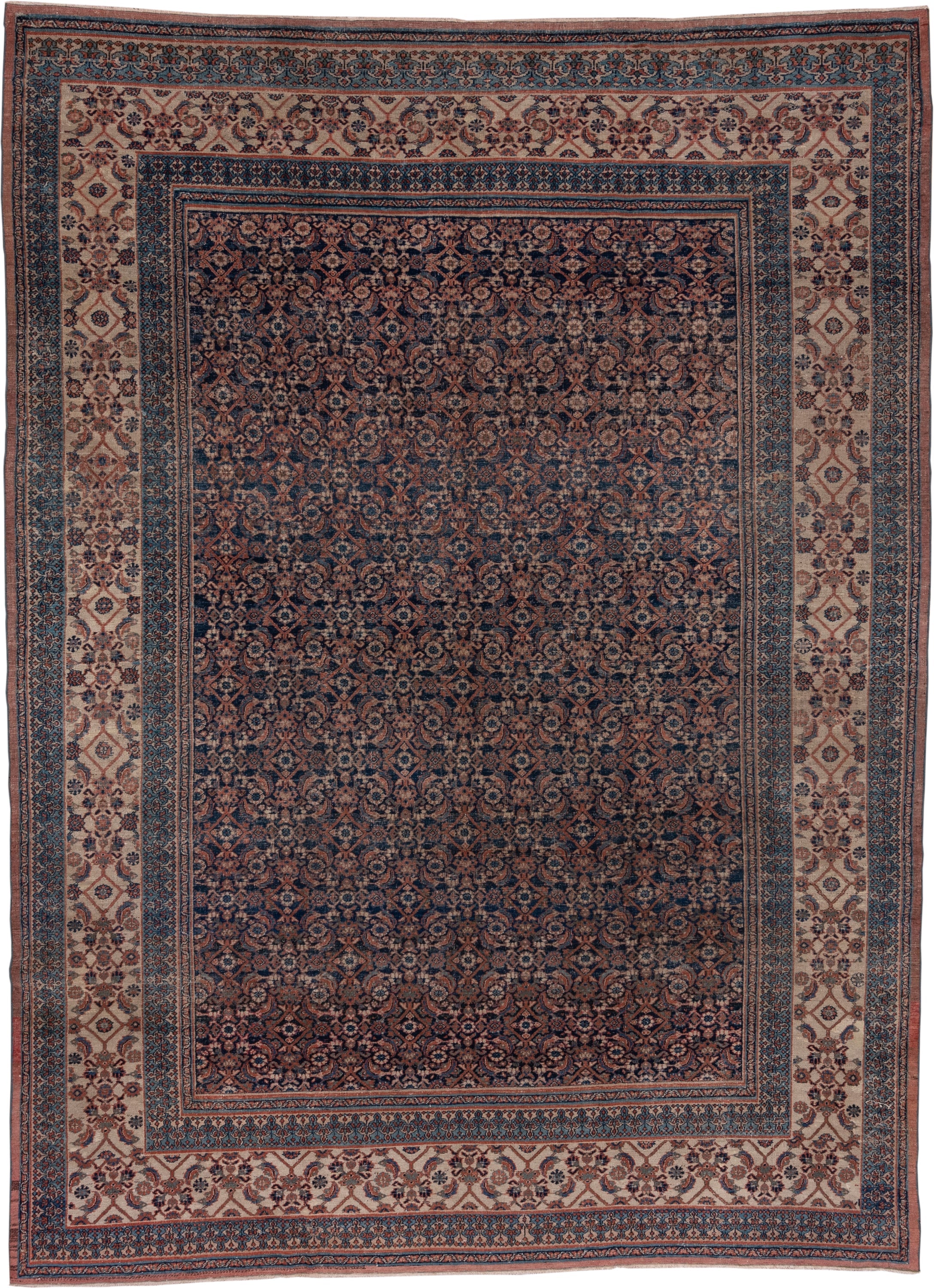 8' x 11' one-of-a-kind handmade antique Khorassan large size rug. Color palette: navy, ivory, rust, slate, camel, rose, blue