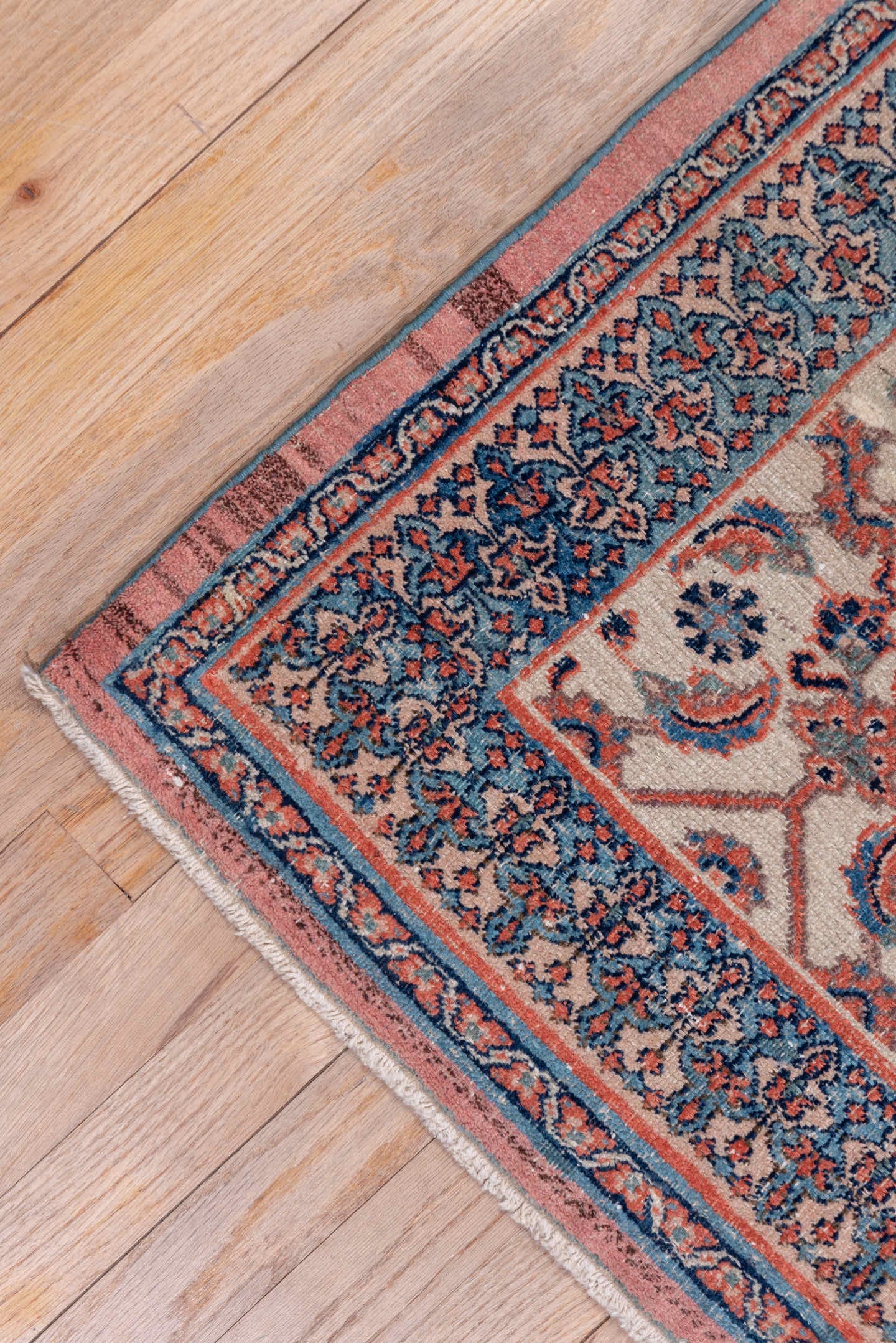 8' x 11' one-of-a-kind handmade antique Khorassan large size rug. Color palette: navy, ivory, rust, slate, camel, rose, blue