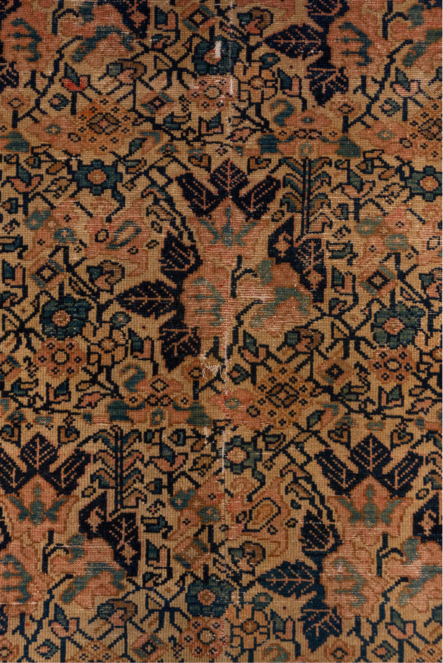 3' x 8' one-of-a-kind handmade antique Malayer runner rug. Color palette: terra cotta, navy, sage, camel, rose, ivory