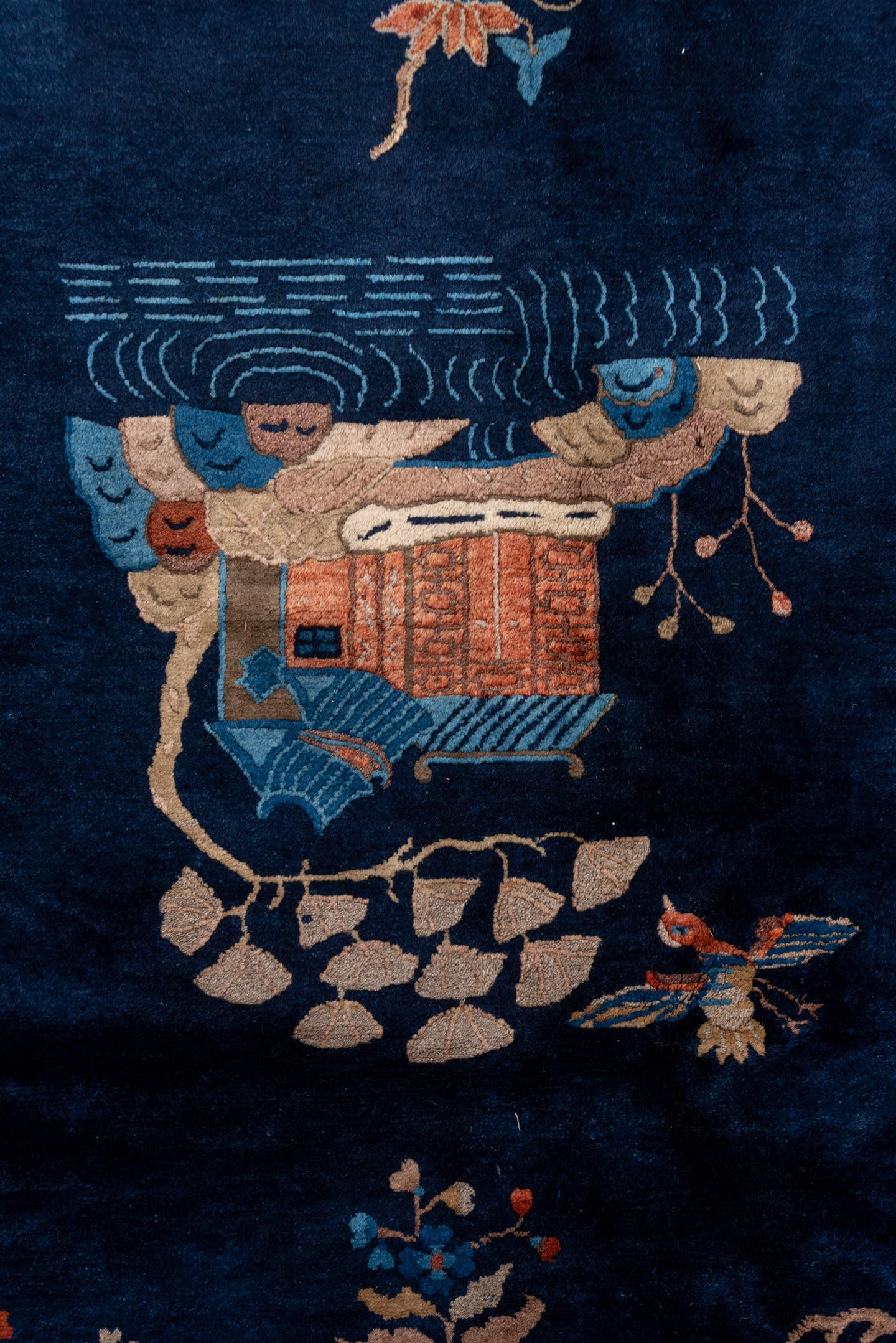 6' x 8' one-of-a-kind handmade antique Chinese medium size rug. Color palette: navy, ivory, cobalt, terra cotta, camel, rose
