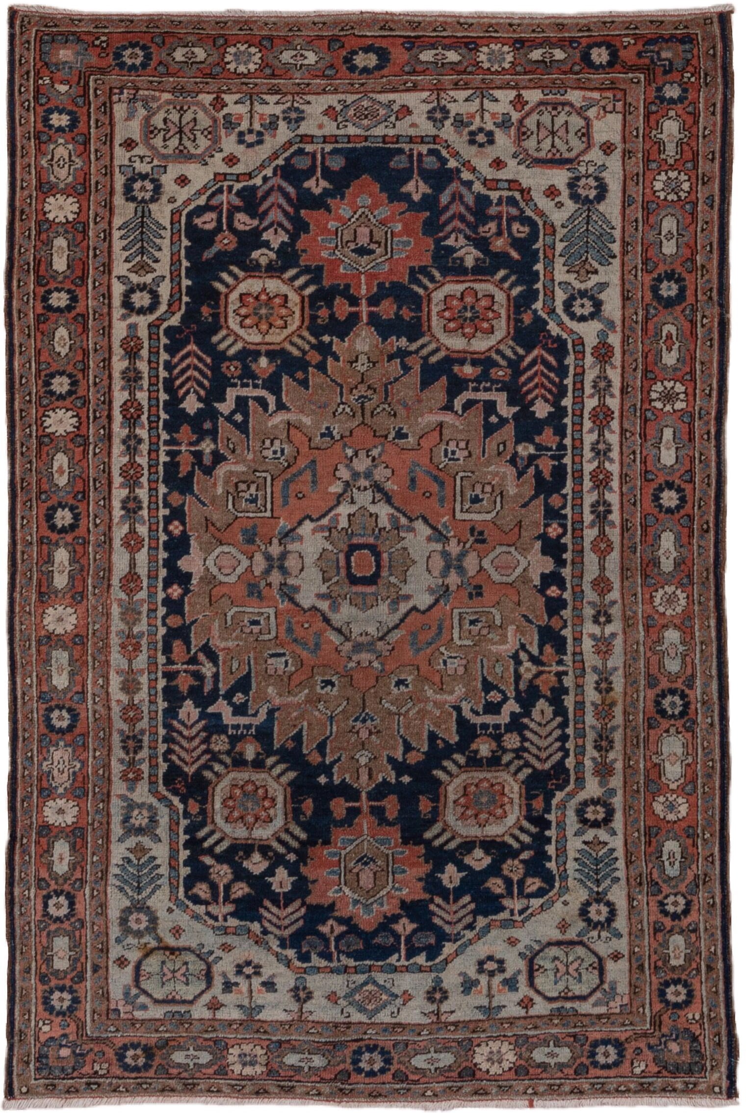 3' x 5' one-of-a-kind handmade antique Heriz small size rug. Color palette: navy, rust, ivory, taupe, slate, camel, rose